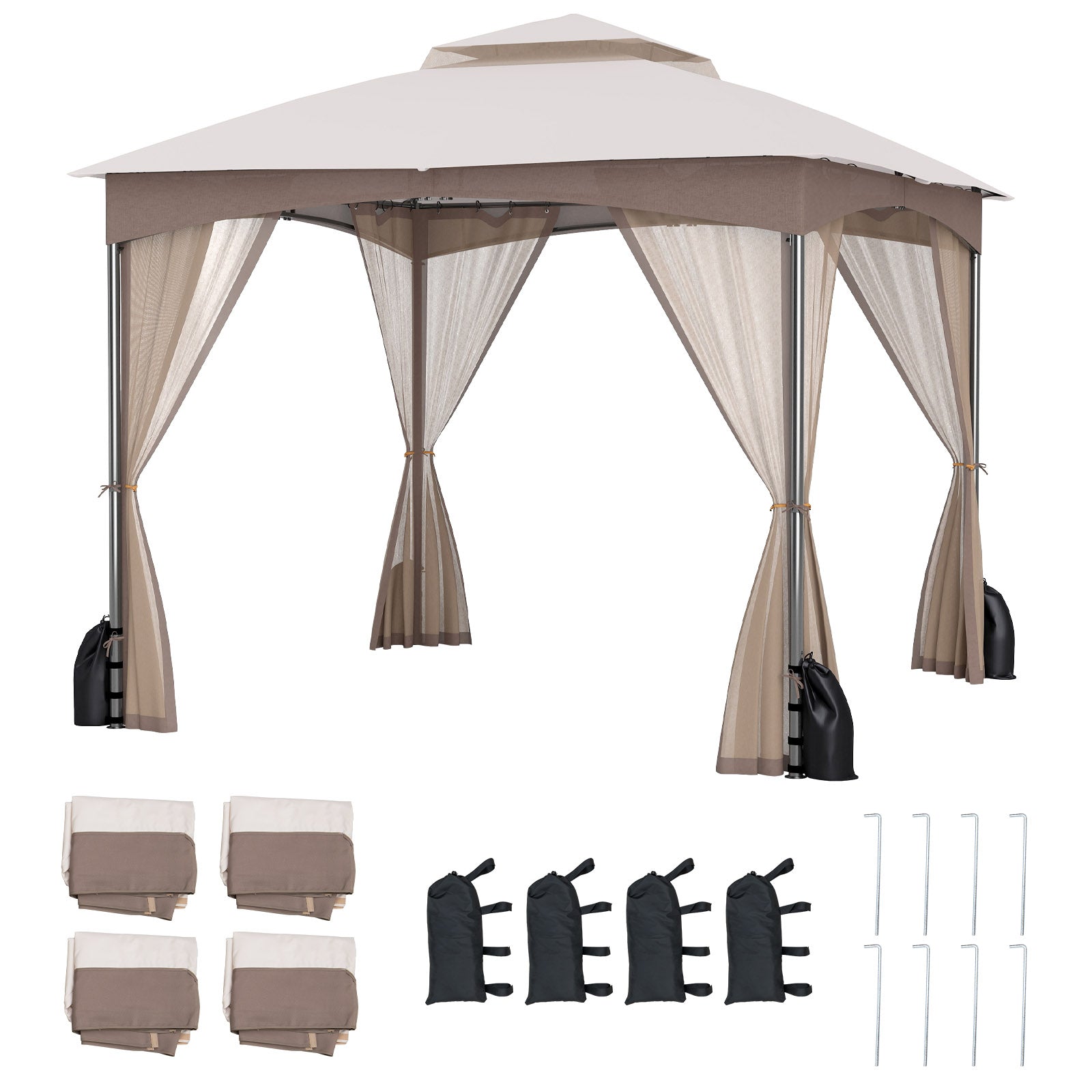 10 x 10 FT Heavy-Duty Patio Gazebo with Netting Walls and 4 Sandbags - Khaki