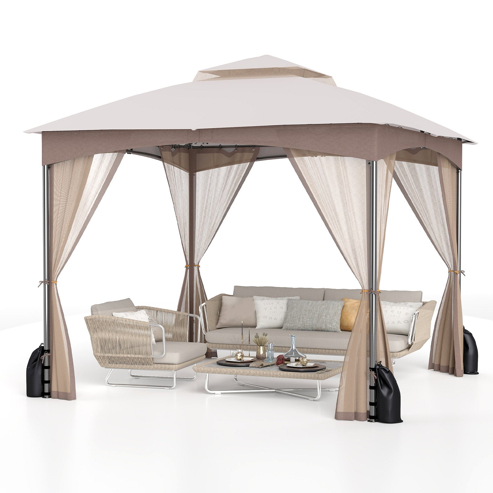 10 x 10 FT Heavy-Duty Patio Gazebo with Netting Walls and 4 Sandbags - Khaki