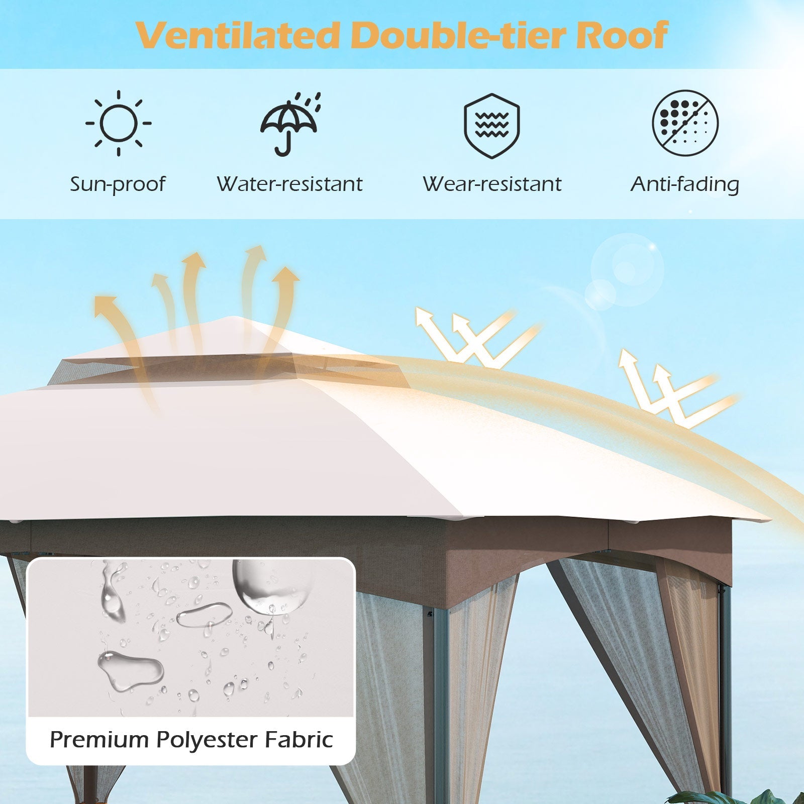 10 x 10 FT Heavy-Duty Patio Gazebo with Netting Walls and 4 Sandbags - Khaki