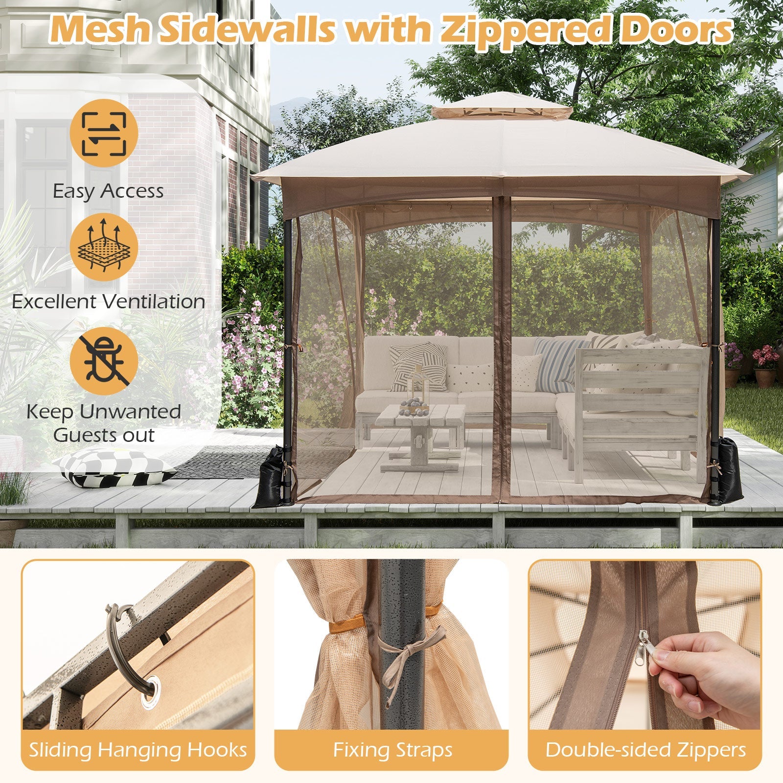 10 x 10 FT Heavy-Duty Patio Gazebo with Netting Walls and 4 Sandbags - Khaki