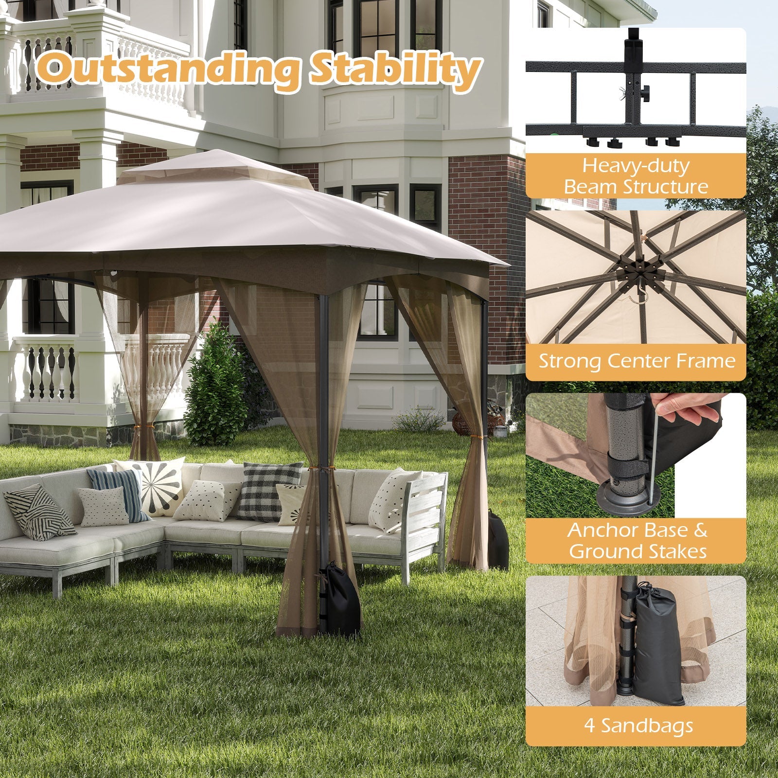 10 x 10 FT Heavy-Duty Patio Gazebo with Netting Walls and 4 Sandbags - Khaki