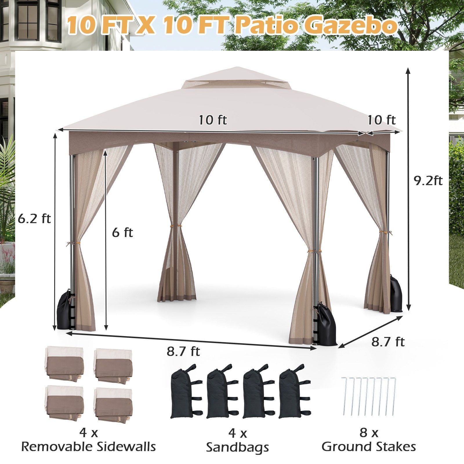 10 x 10 FT Heavy-Duty Patio Gazebo with Netting Walls and 4 Sandbags - Khaki