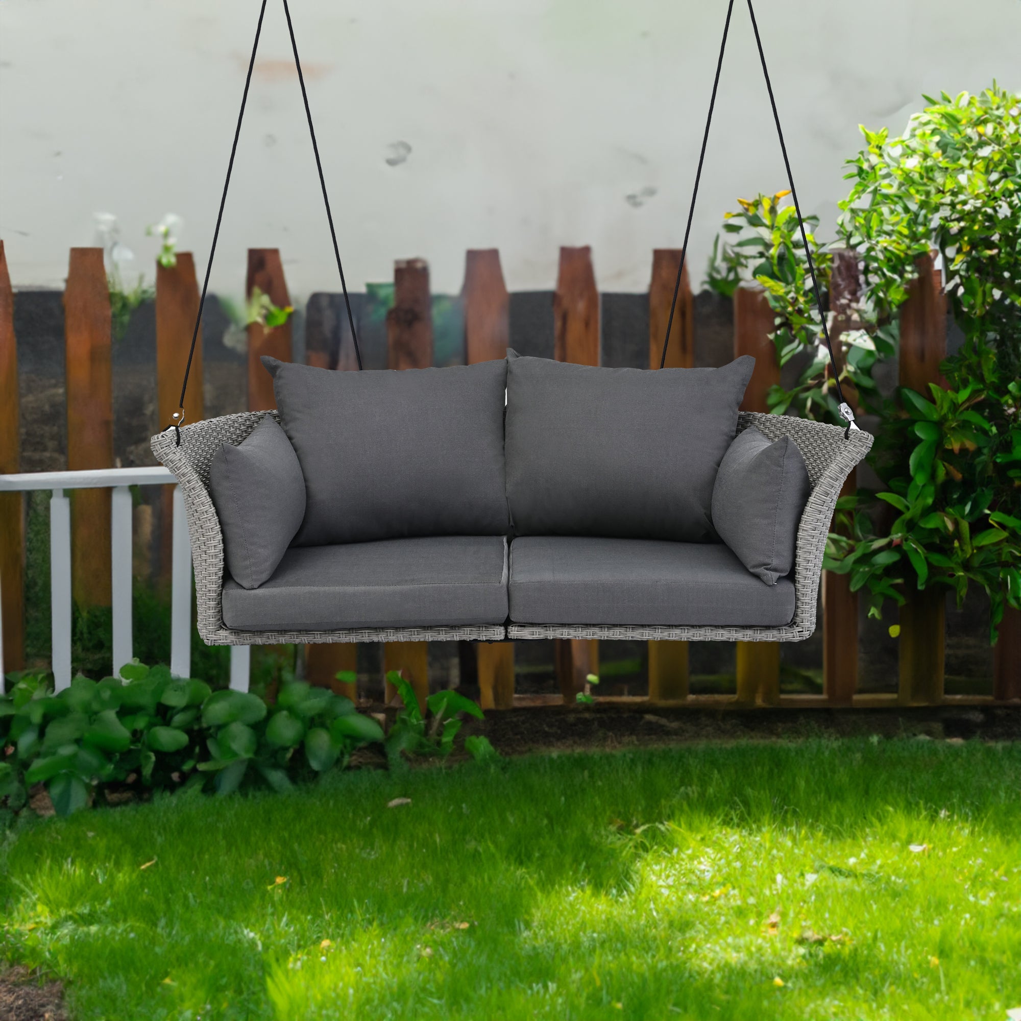 2-Person Rattan Woven Swing Chair, Gray Wicker And Cushion