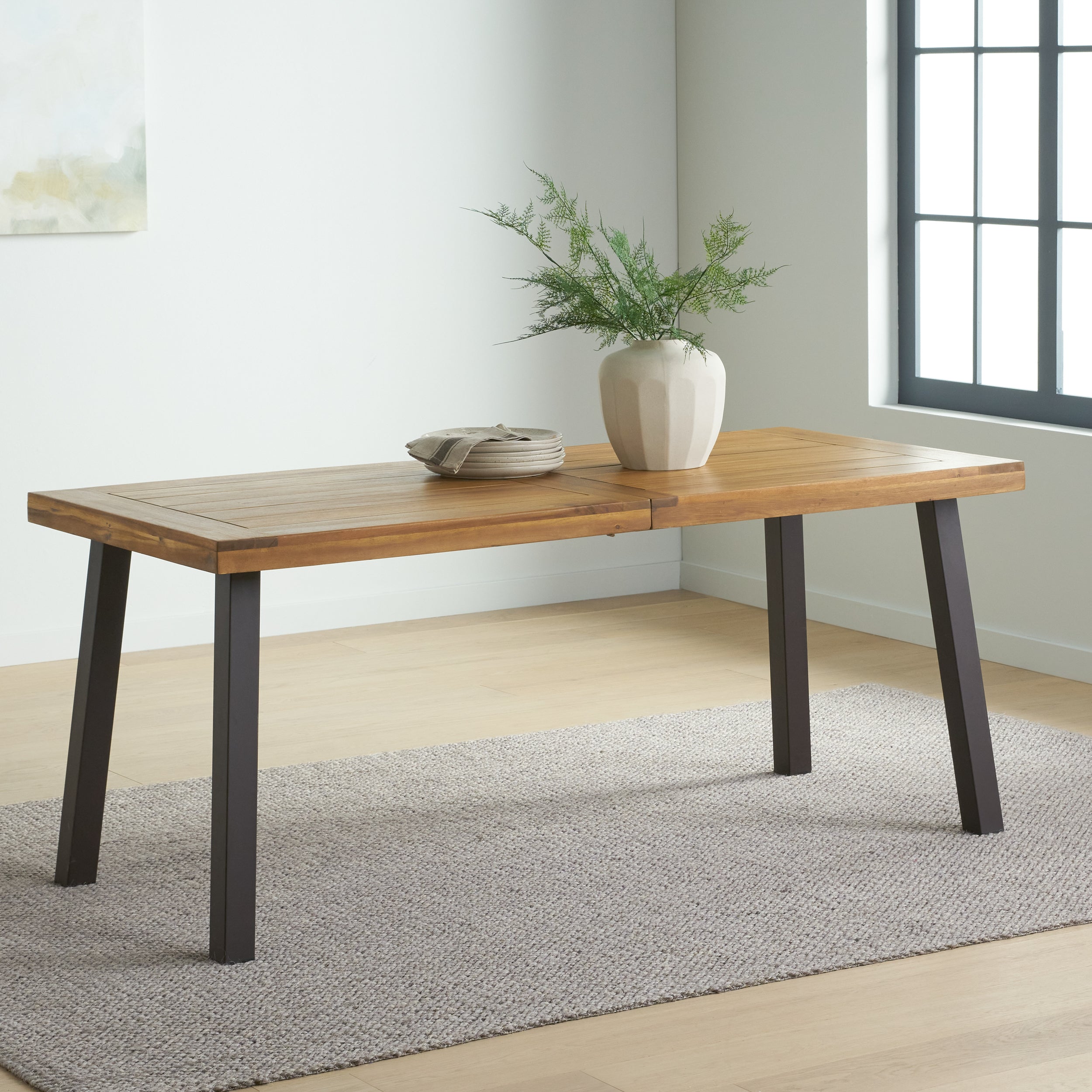 Della Acacia Wood Dining Table with Rustic Metal, Brown, Grey