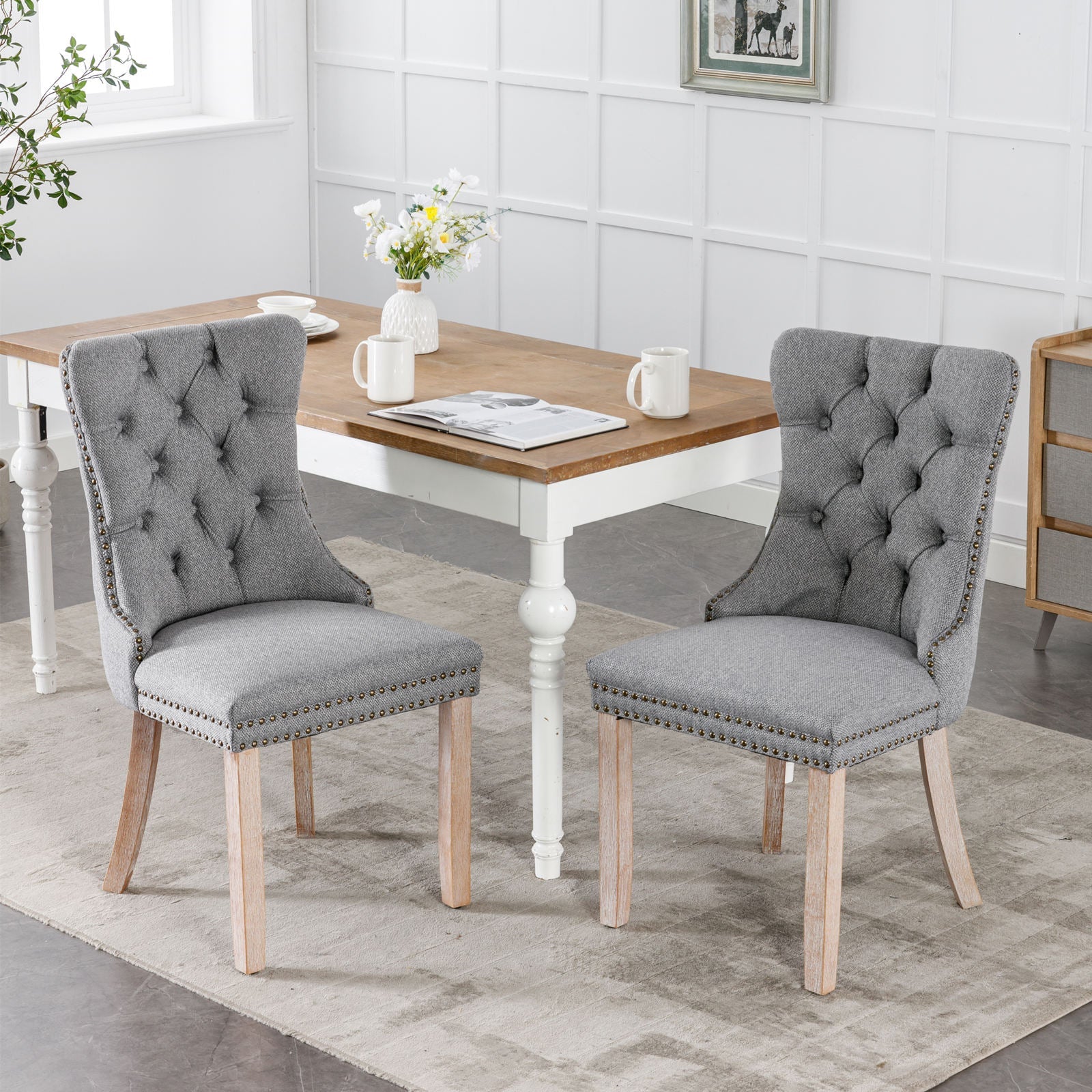 High-end Tufted Upholstered Dining Chair in Set Gray - 2 Pieces