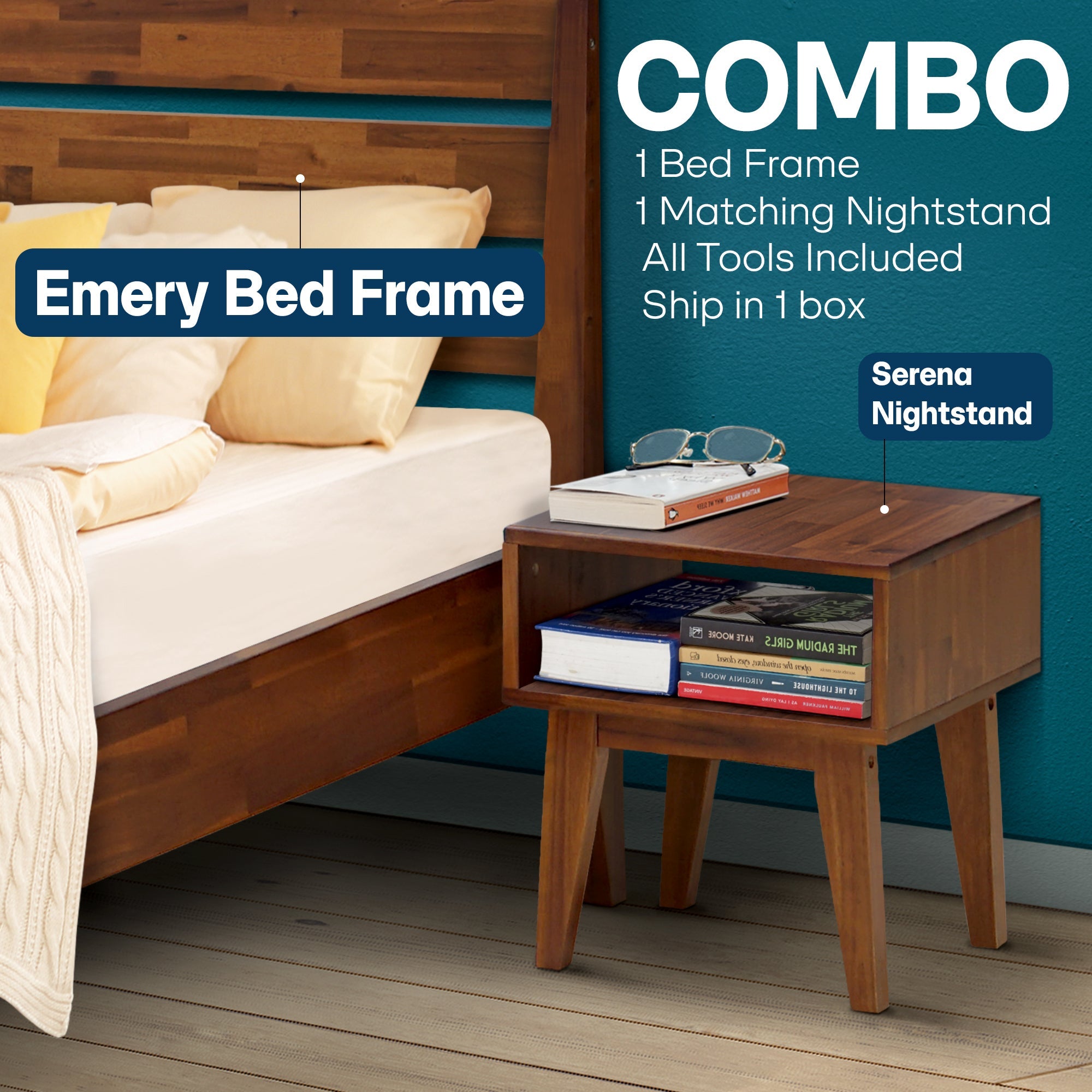 Emery Bed Frame & Nightstand Set - Acacia Solid Wood