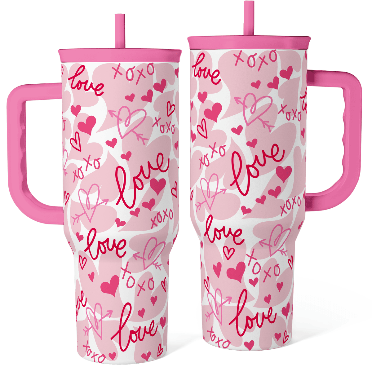 Valentine's Pink Heart Tumbler with Handle & Straw - 40oz