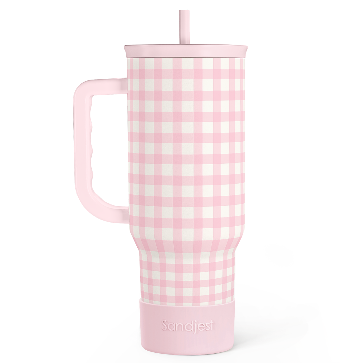 Pink Gingham 40oz Slider with Handle and Straw - Valentine's Day Tumbler