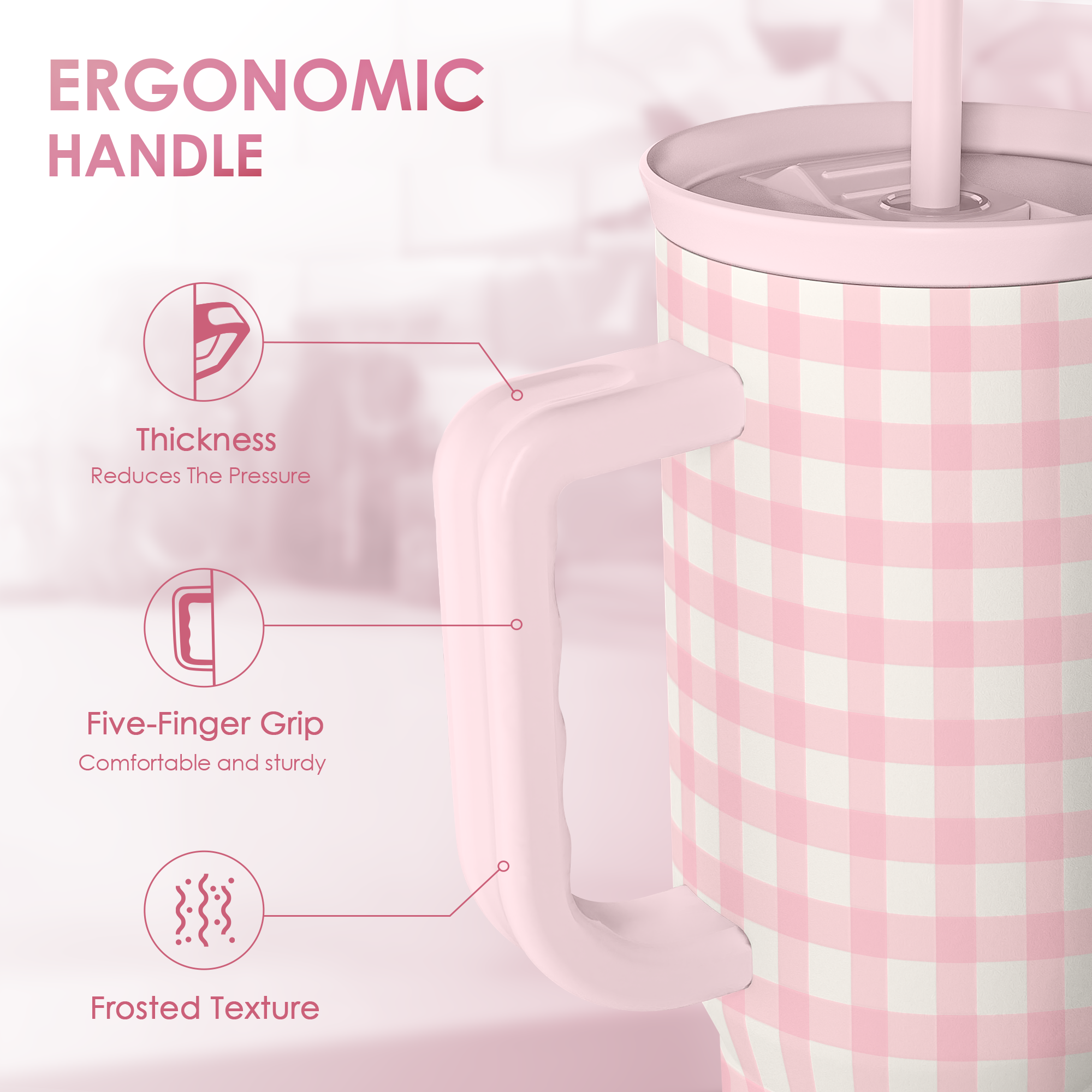 Pink Gingham 40oz Slider with Handle and Straw - Valentine's Day Tumbler