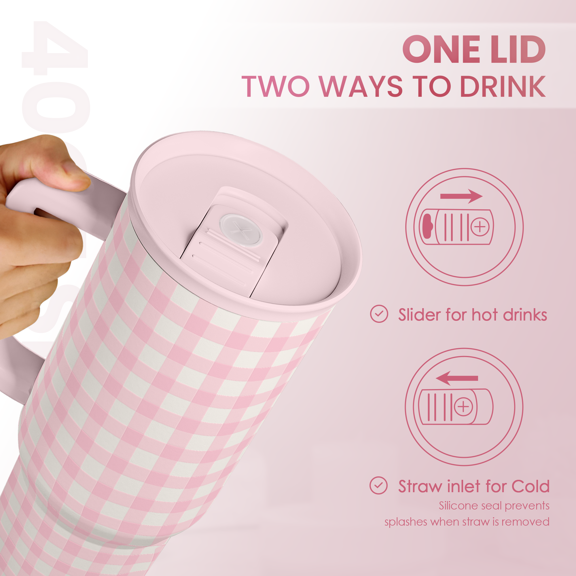 Pink Gingham 40oz Slider with Handle and Straw - Valentine's Day Tumbler