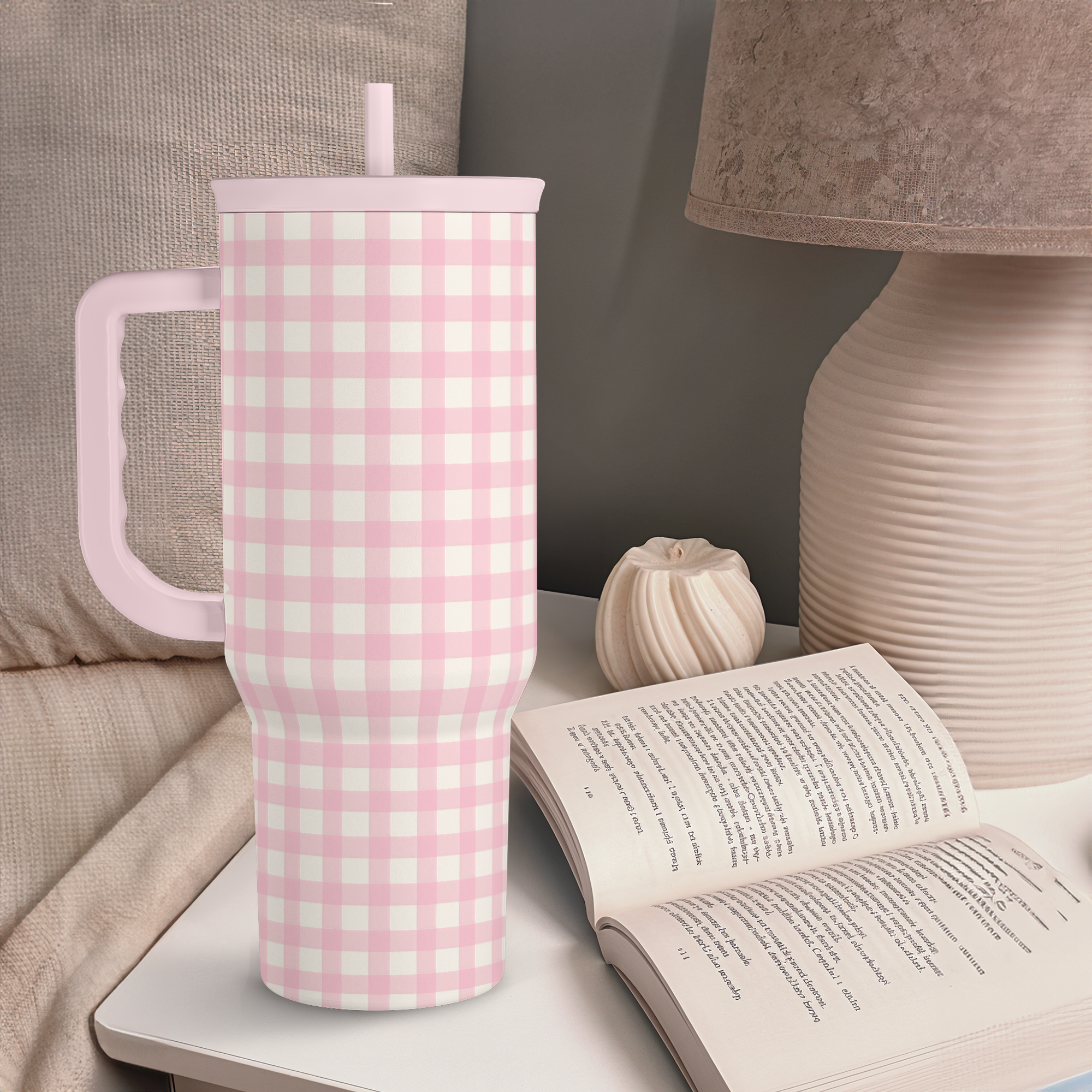 Pink Gingham 40oz Slider with Handle and Straw - Valentine's Day Tumbler