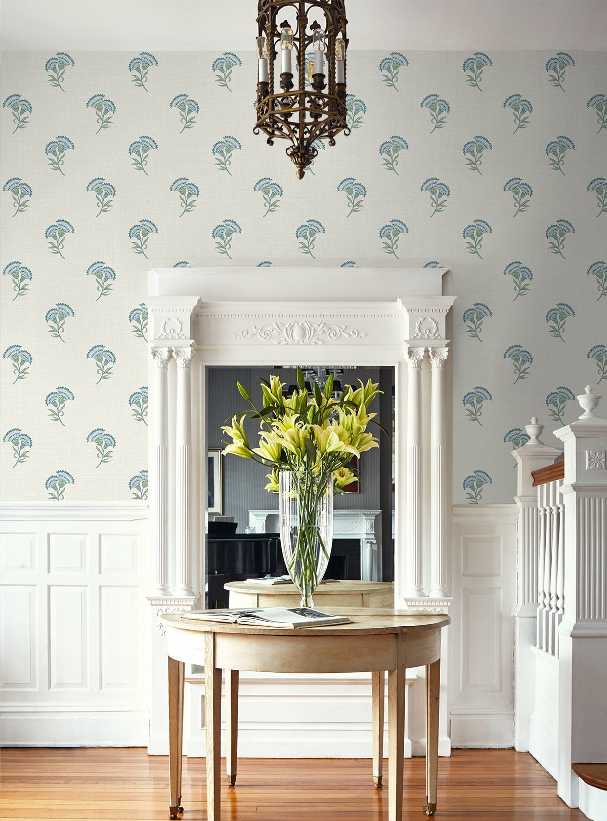 French Country Lotus Branch Floral Unpasted Wallpaper