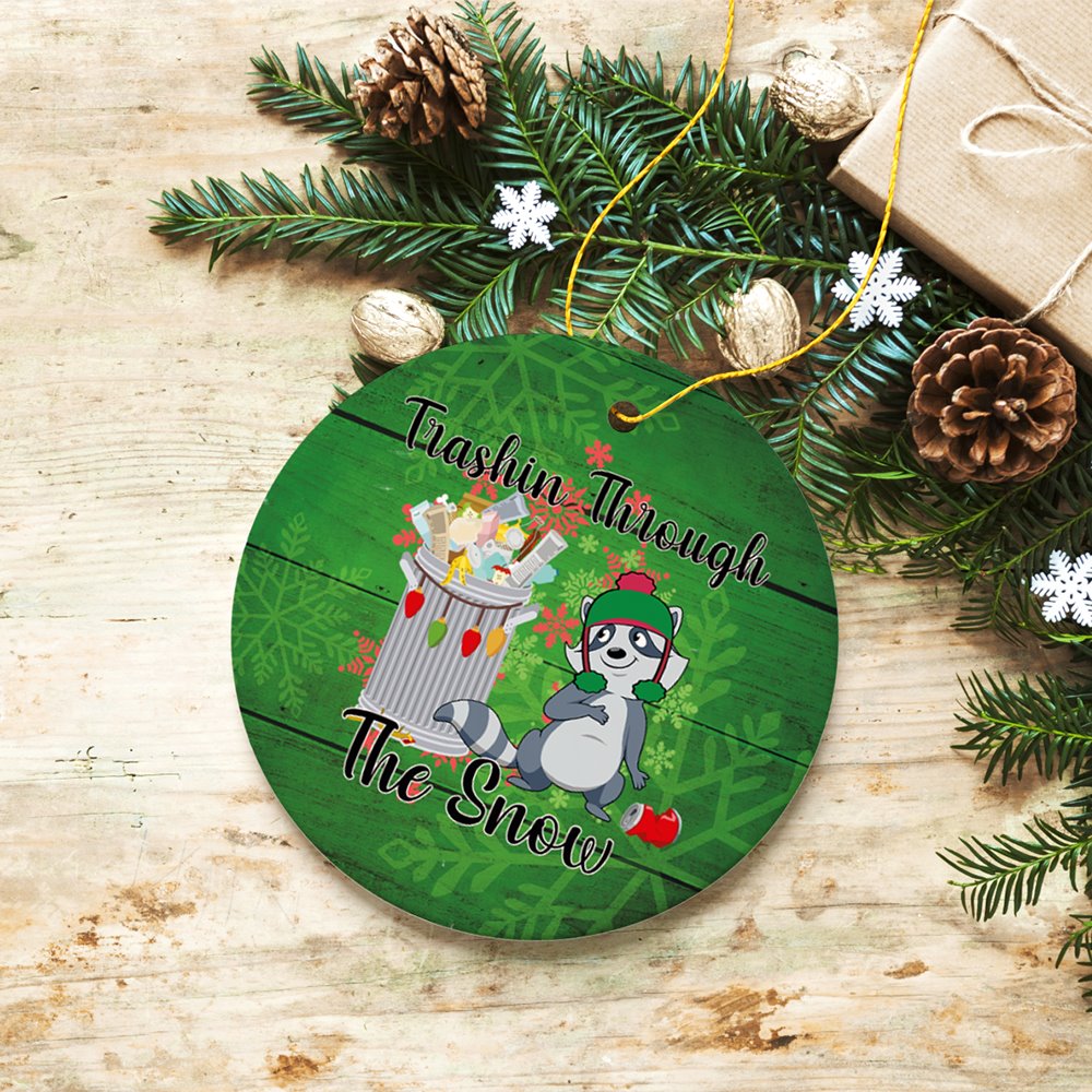 Trashin Through the Snow Raccoon Christmas Ornament Ceramic Ornament OrnamentallyYou 