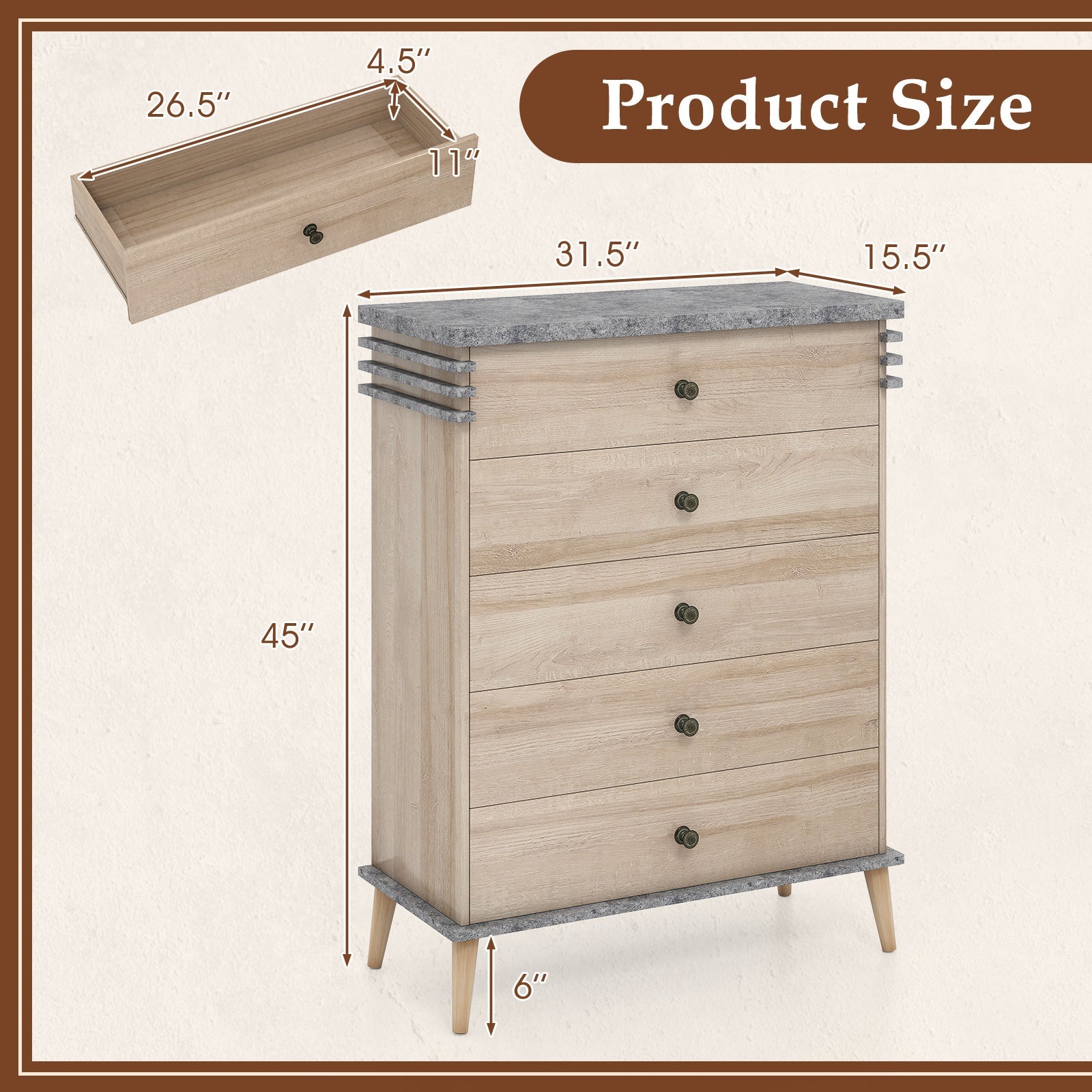 Farmhouse Chest Dresser, Tall Storage Organizer - Grey