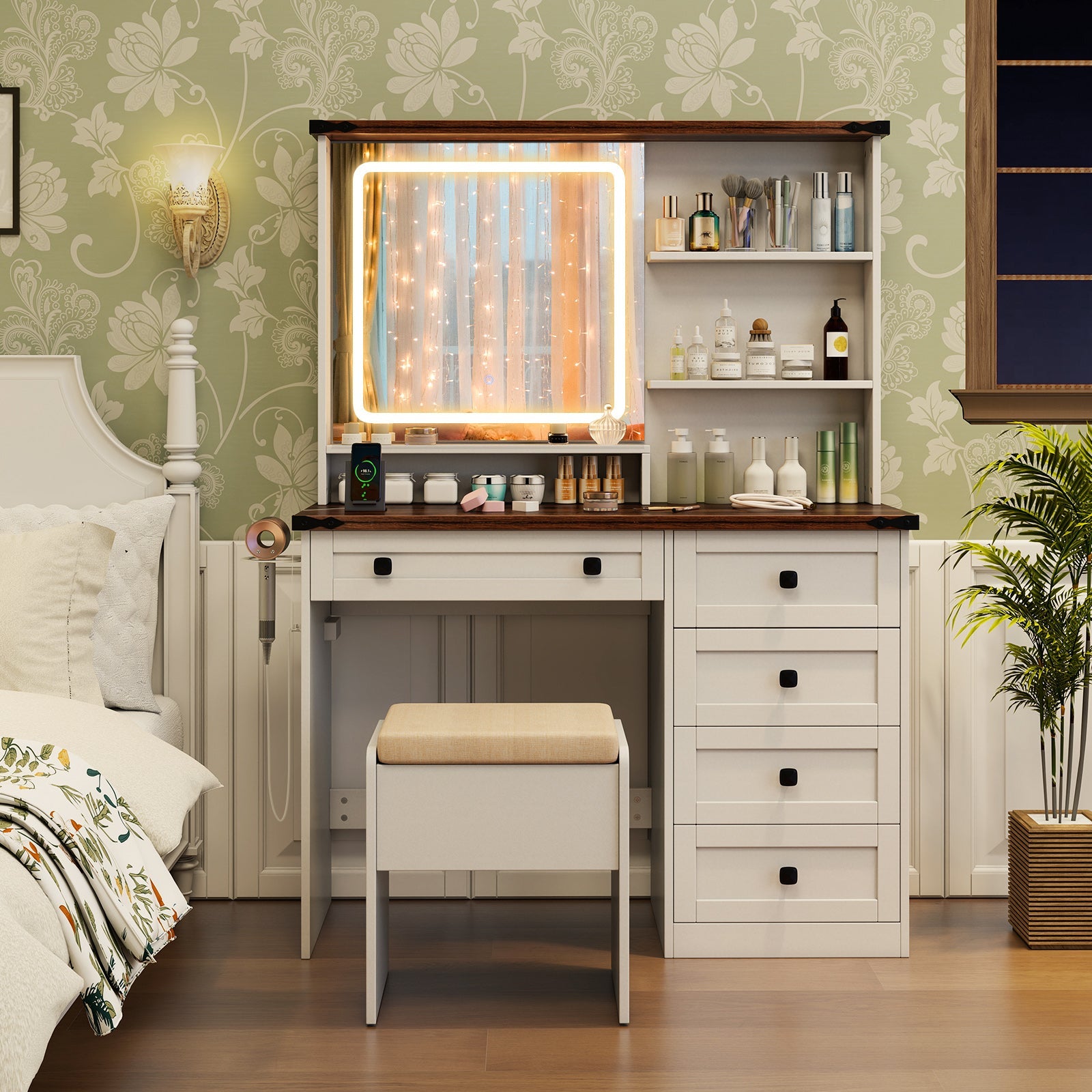 Farmhouse Vanity Set with Mirror and 3-Color Lighting-White