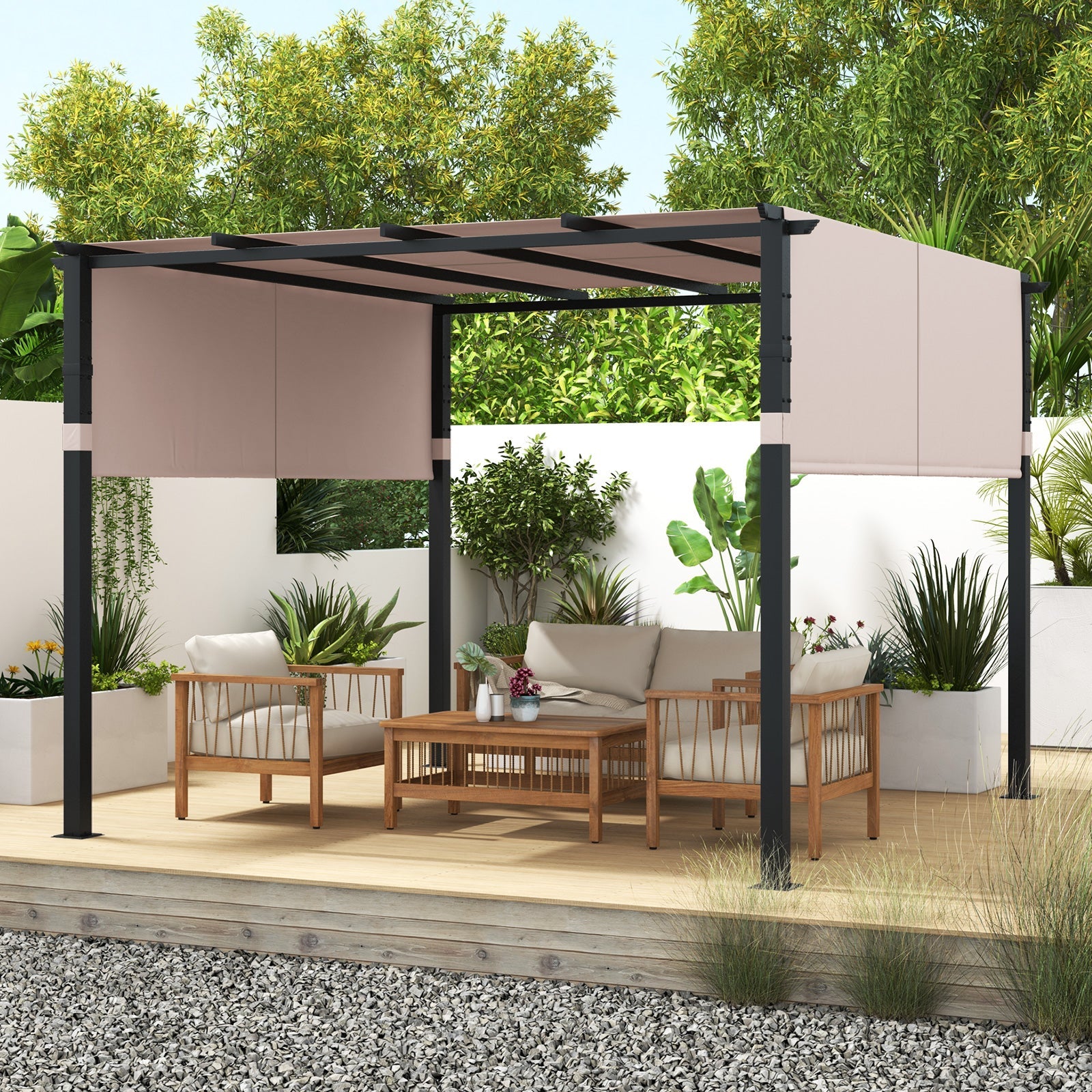 10 x 10 ft Flat Top Pergola with Retractable Canopy -Beige