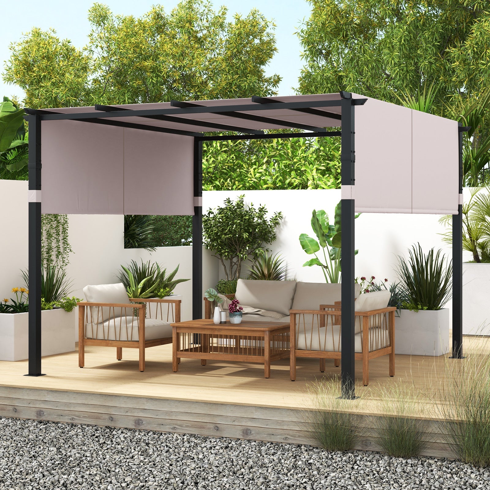 10 x 10 ft Flat Top Pergola with Retractable Canopy Gray