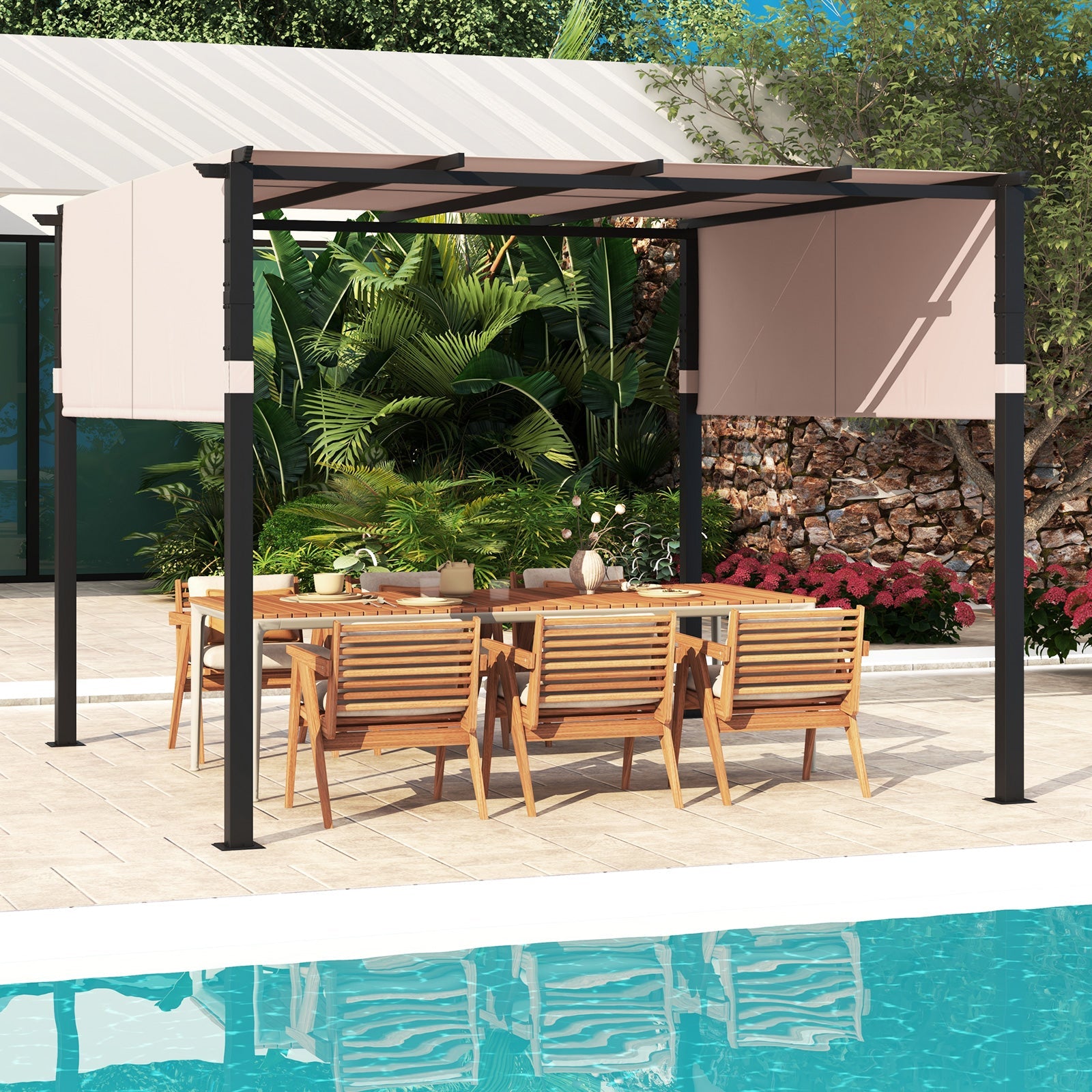 10 x 10 ft Flat Top Pergola with Retractable Canopy -Beige