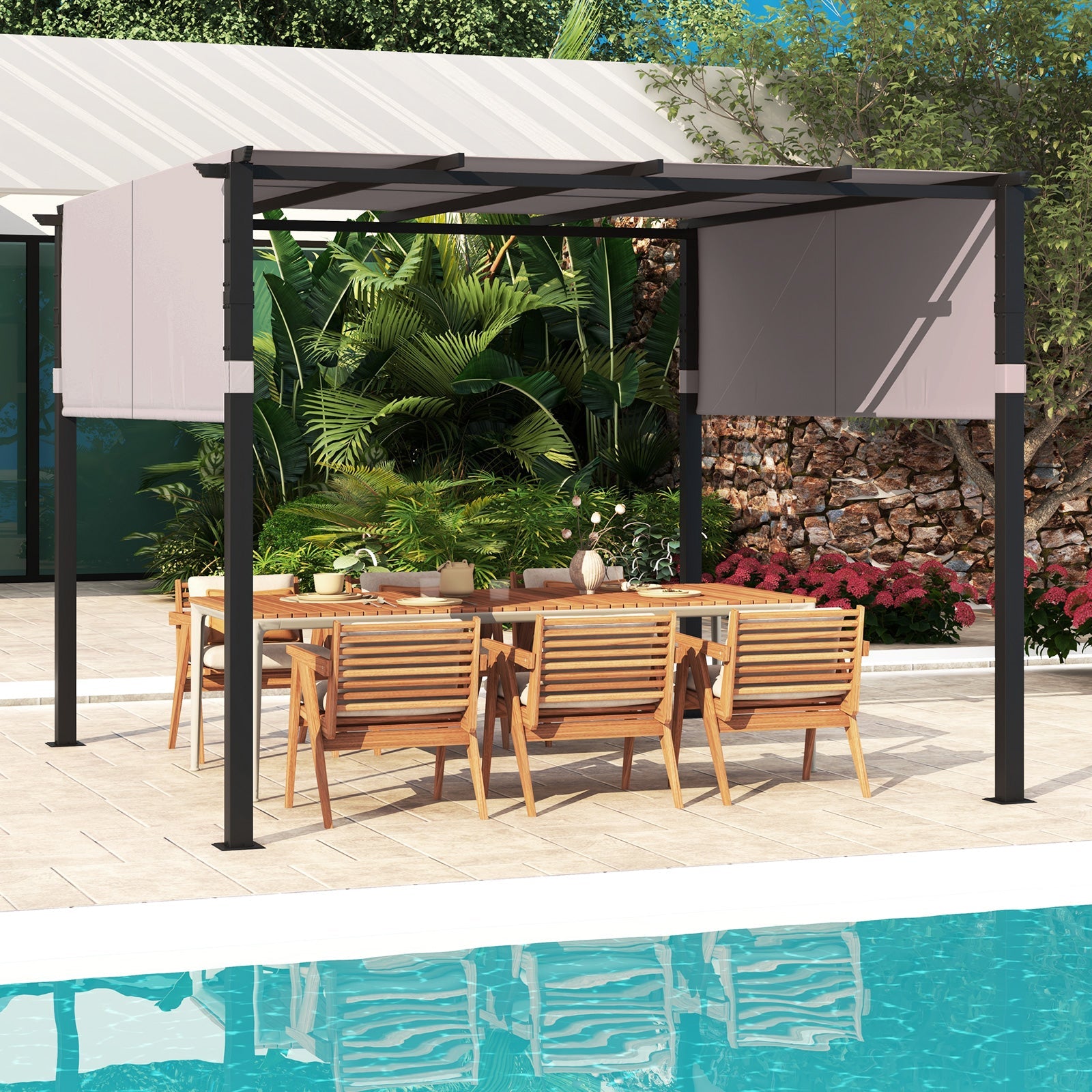 10 x 10 ft Flat Top Pergola with Retractable Canopy Gray