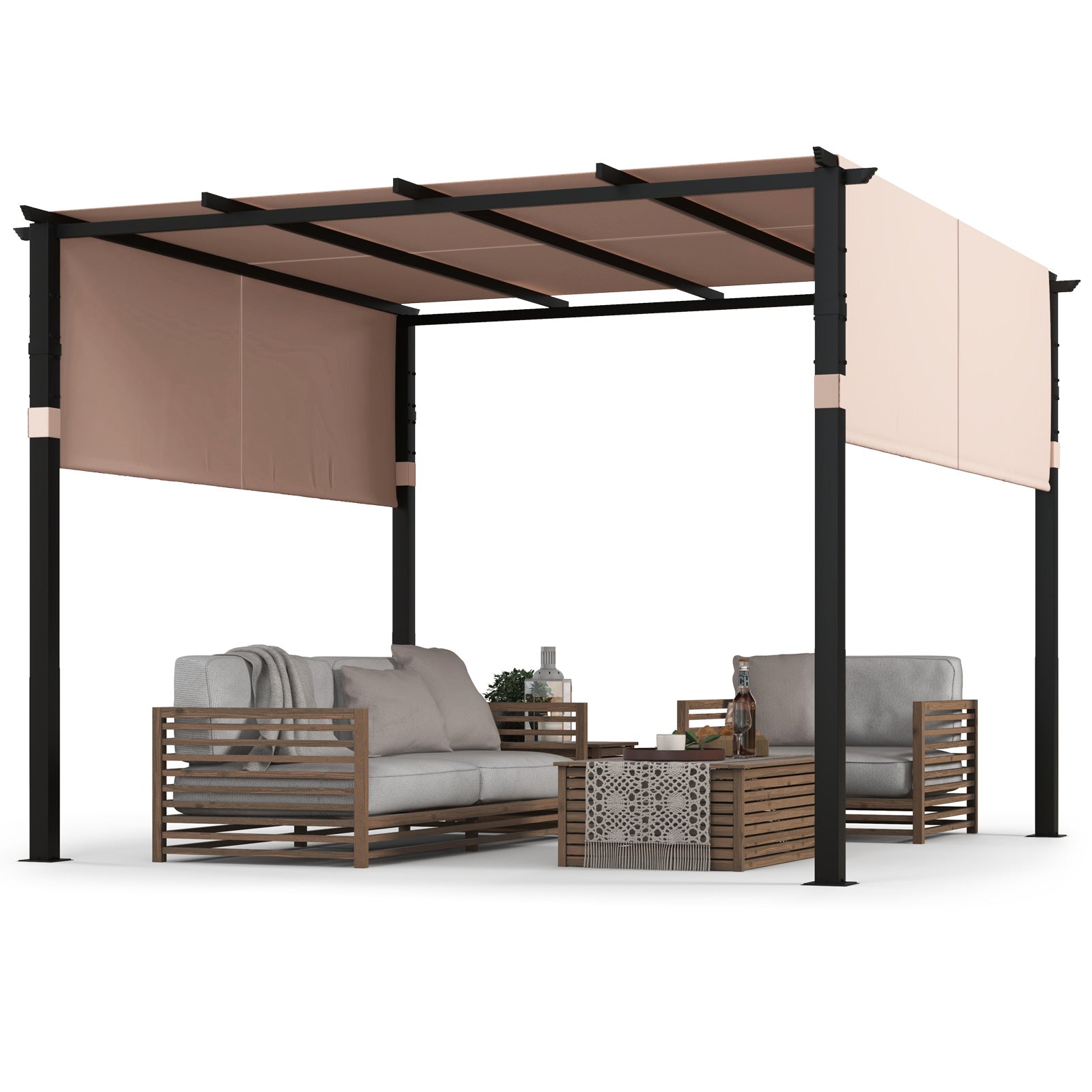 10 x 10 ft Flat Top Pergola with Retractable Canopy -Beige