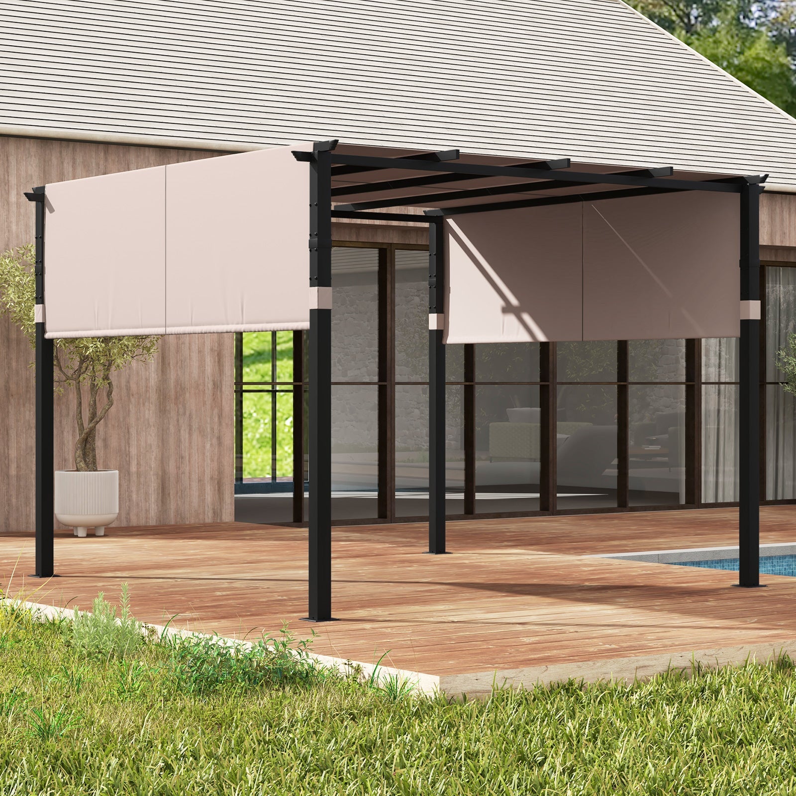 10 x 10 ft Flat Top Pergola with Retractable Canopy -Beige