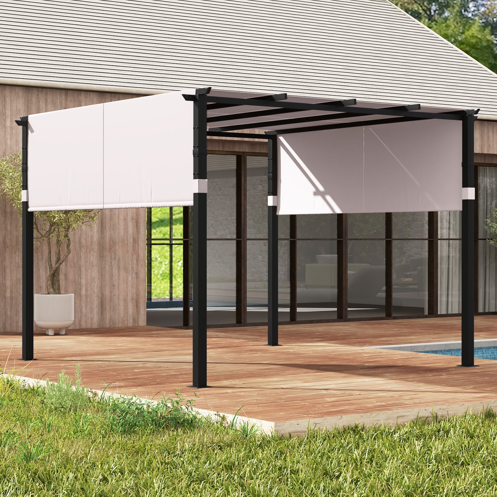 10 x 10 ft Flat Top Pergola with Retractable Canopy Gray