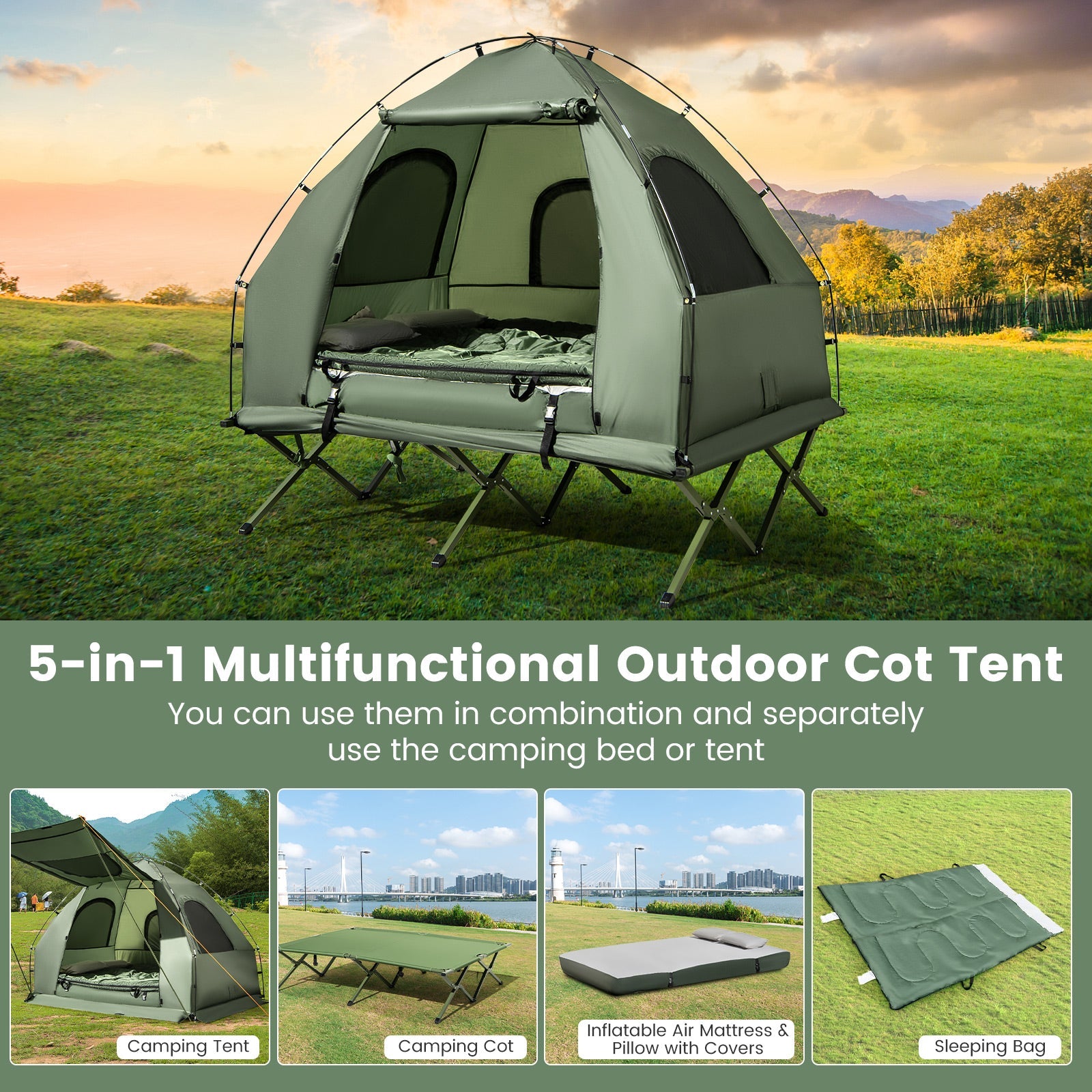 5-in-1 2-Person Foldable Outdoor Camping Tent with Air Mattress and Sleeping Bag