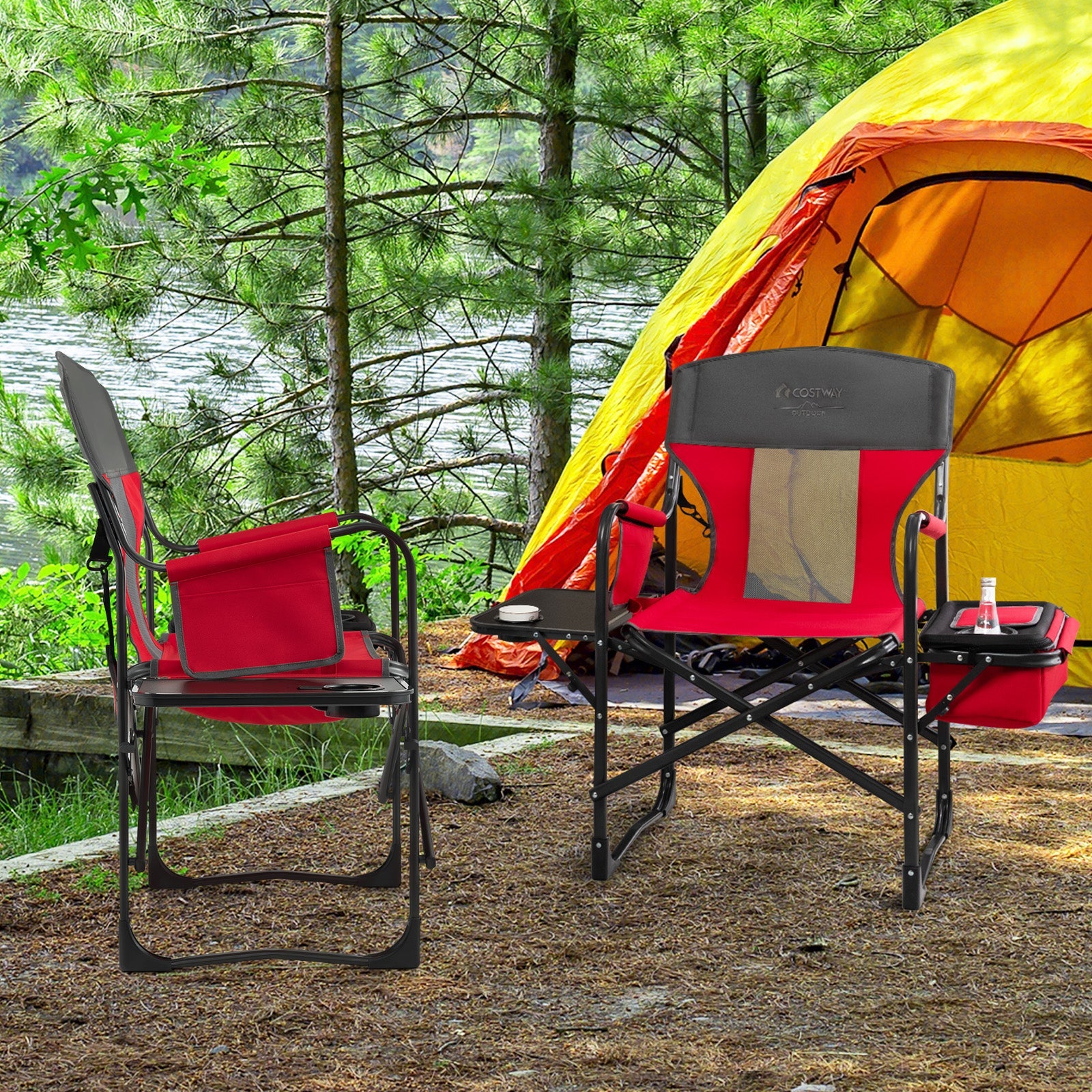 Folding Camping Directors Chair with Cooler Bag and Side Table-Red