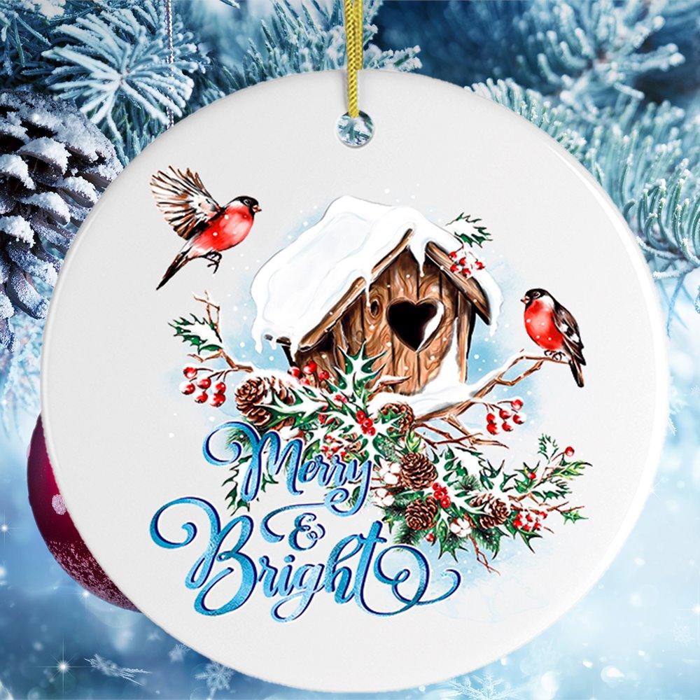 Merry & Bright Artistic Birdhouse Christmas Ornament Ceramic Ornament OrnamentallyYou 