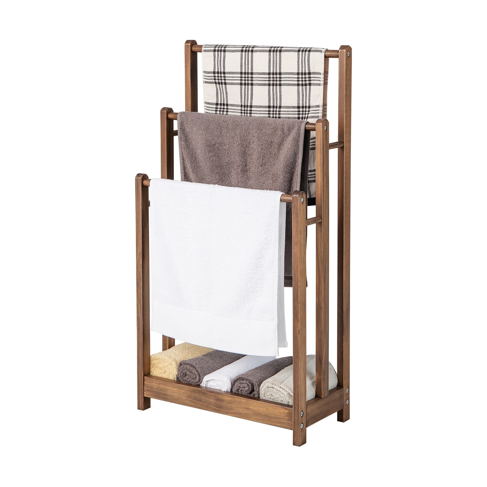 Freestanding Towel Rack with Bottom Storage Shelf - Rustic Brown