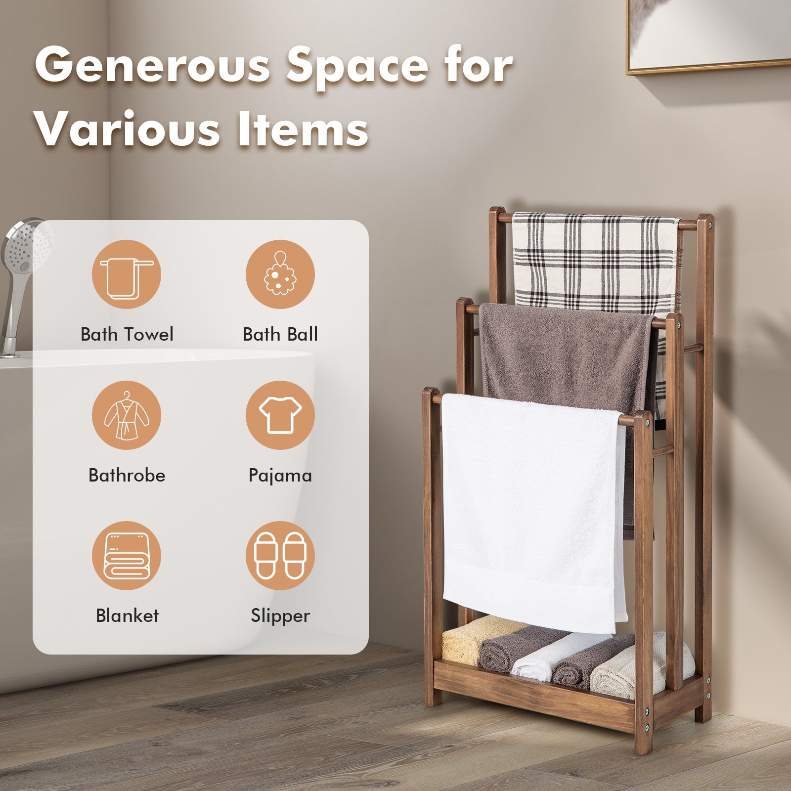Freestanding Towel Rack with Bottom Storage Shelf - Rustic Brown
