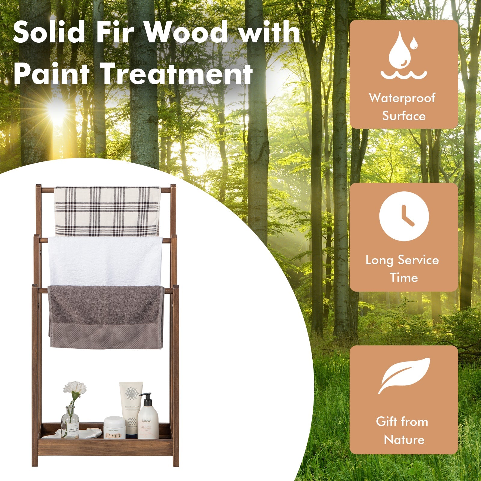 Freestanding Towel Rack with Bottom Storage Shelf - Rustic Brown