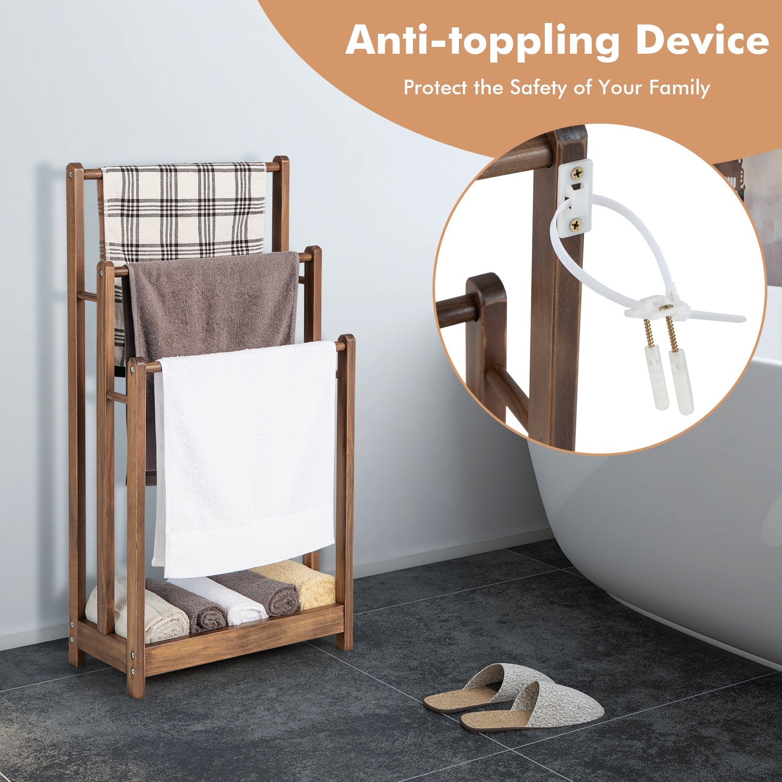 Freestanding Towel Rack with Bottom Storage Shelf - Rustic Brown