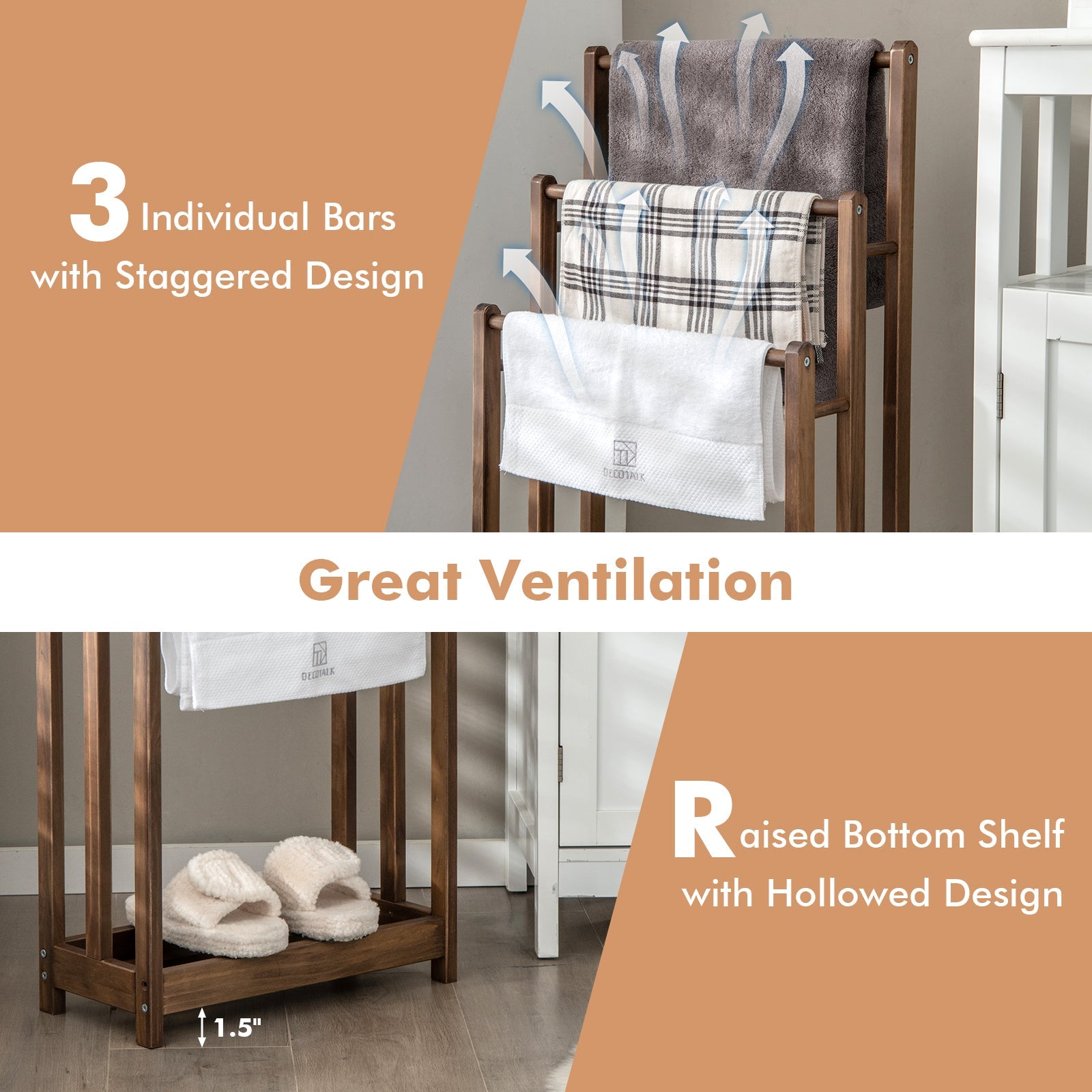 Freestanding Towel Rack with Bottom Storage Shelf - Rustic Brown