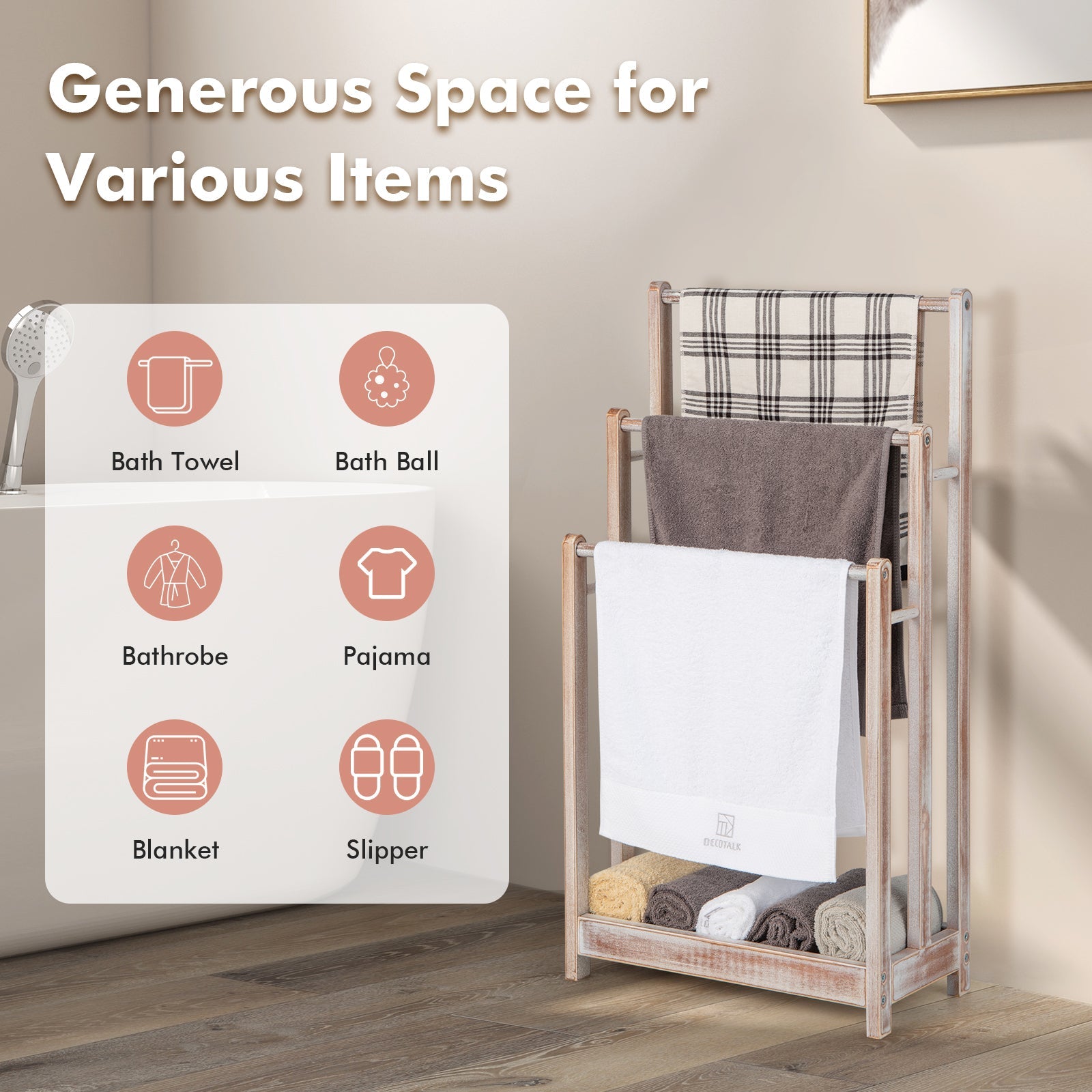 Freestanding Towel Rack with Bottom Storage Shelf - White