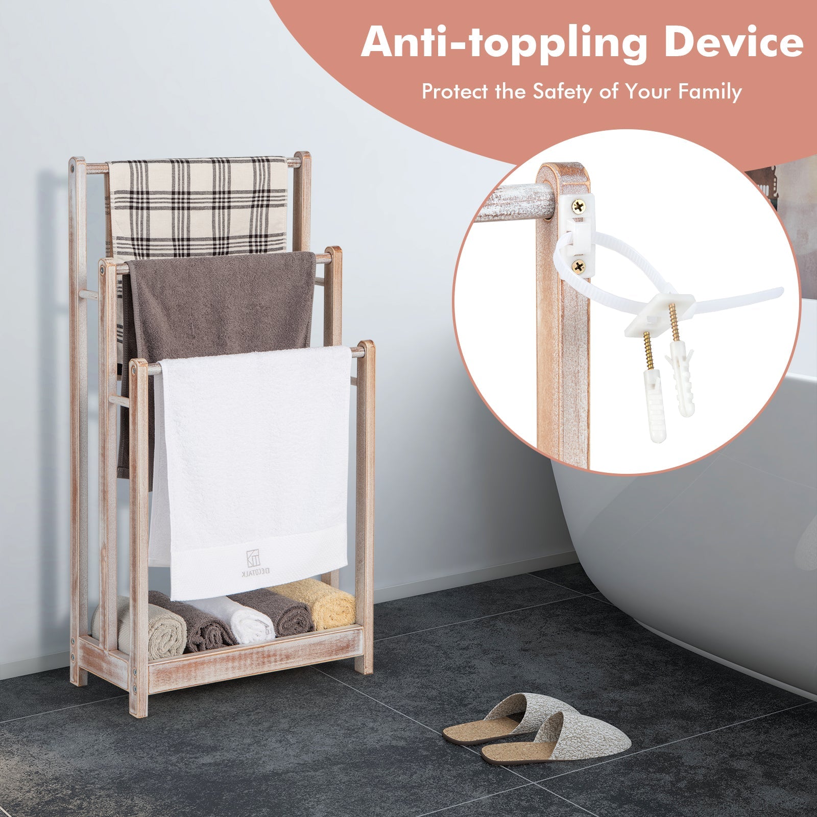 Freestanding Towel Rack with Bottom Storage Shelf - White