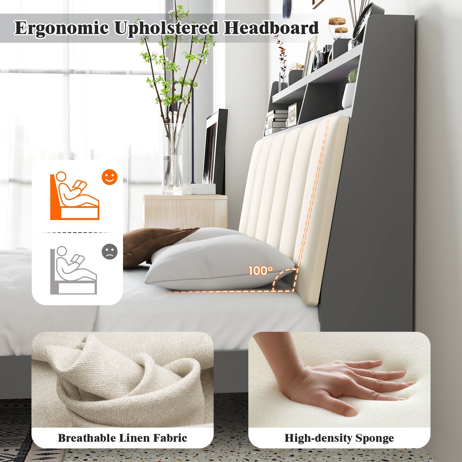 Full Size Bed Frame with Storage Modern Platform Bed with Headboard-Full Size