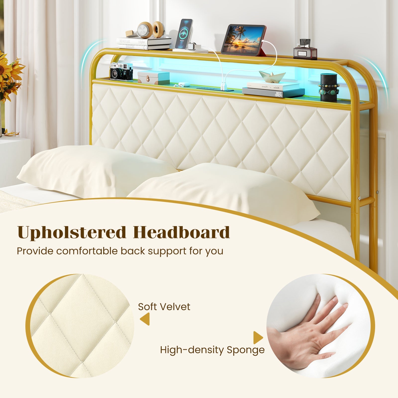 Twin/Full/Queen Size Bed Frame with LED Lights and Charging Station Gold-Full Size