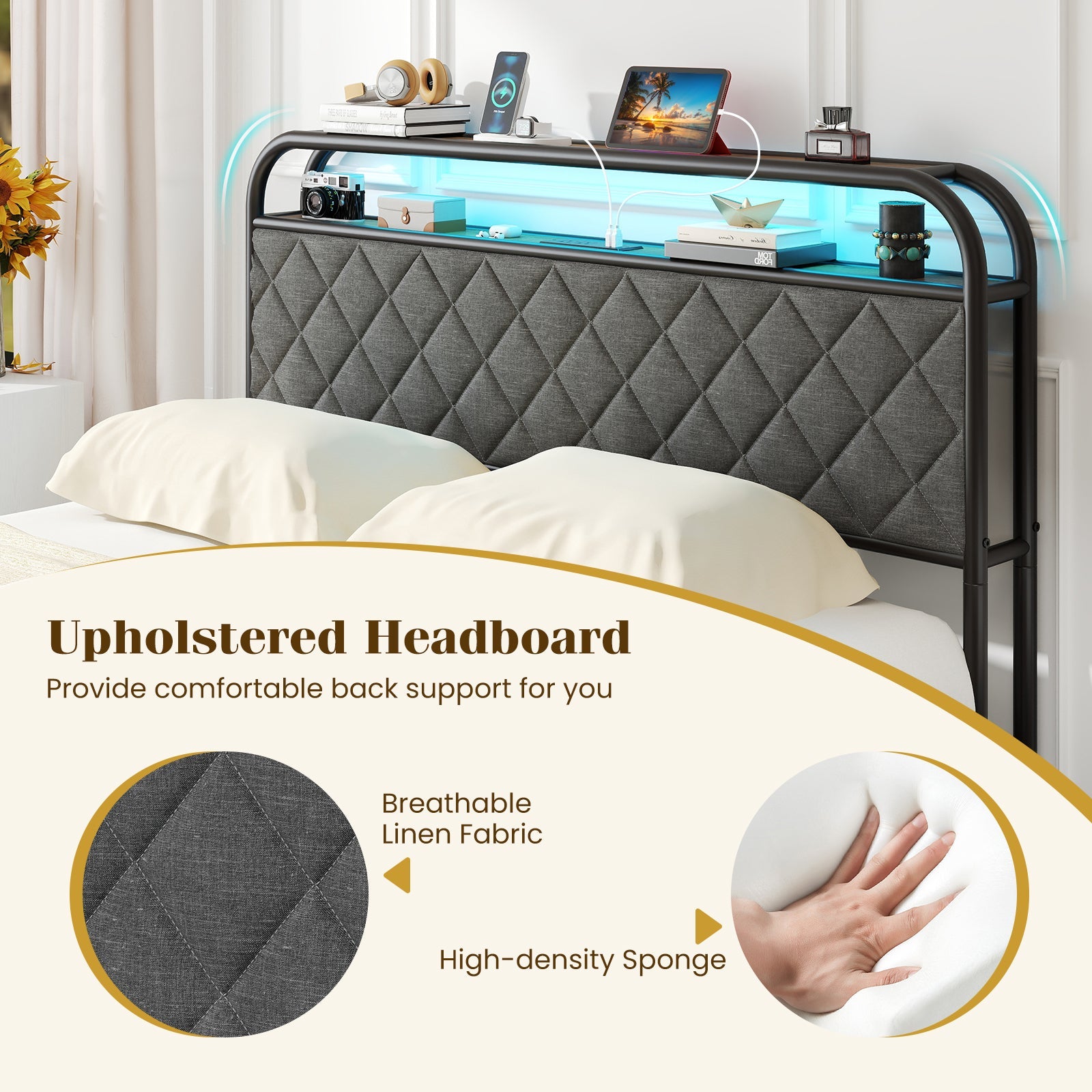 Twin/Full/Queen Size Bed Frame with LED Lights and Charging Station-Full Size