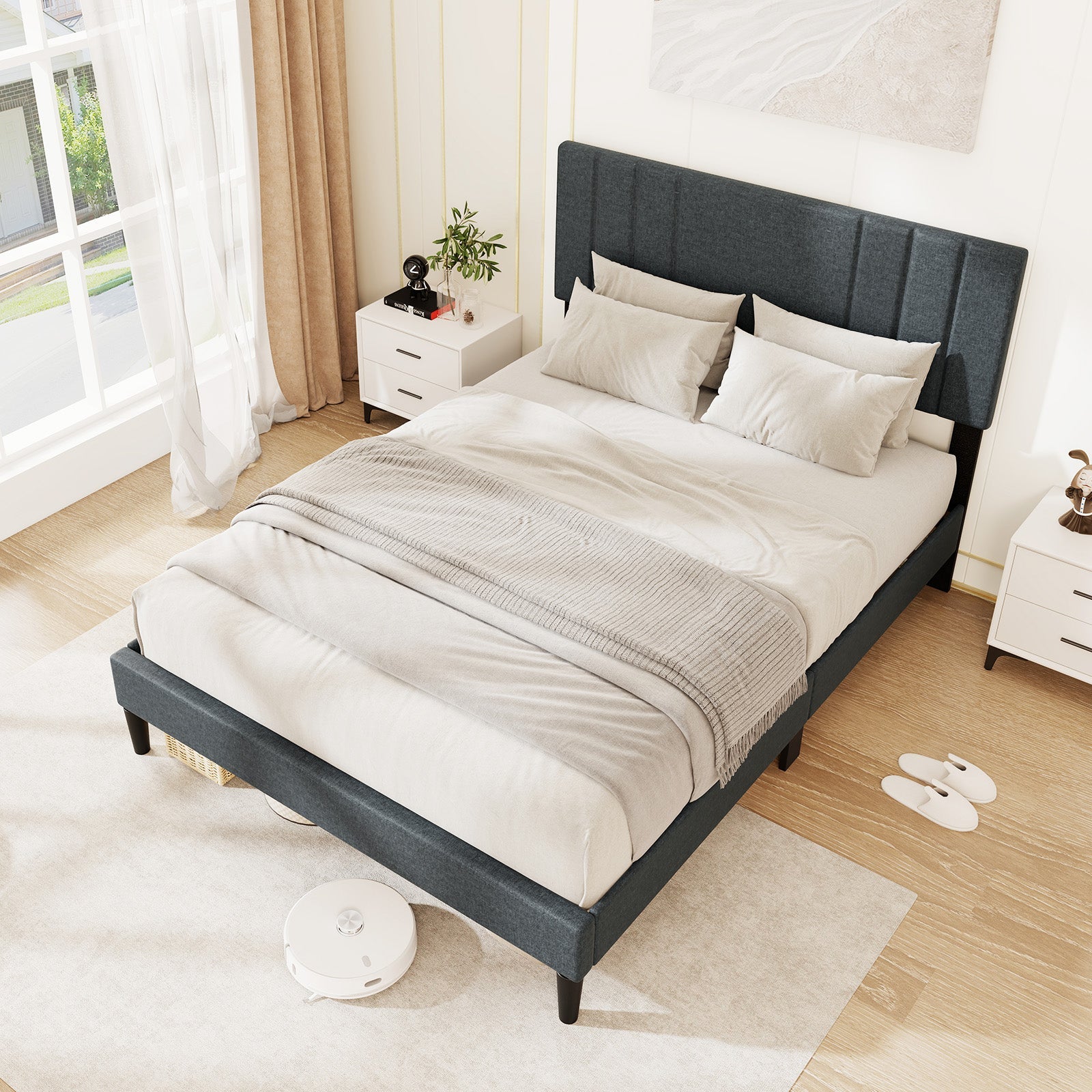 Full/Queen/Twin Size Bed Frame with Tufted Headboard and Wooden Slats-Full Size