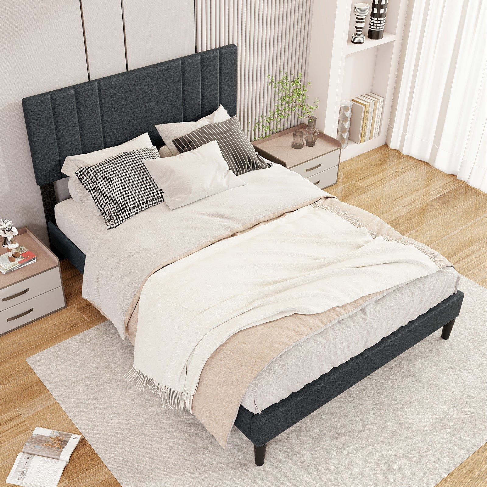 Full/Queen/Twin Size Bed Frame with Tufted Headboard and Wooden Slats-Full Size