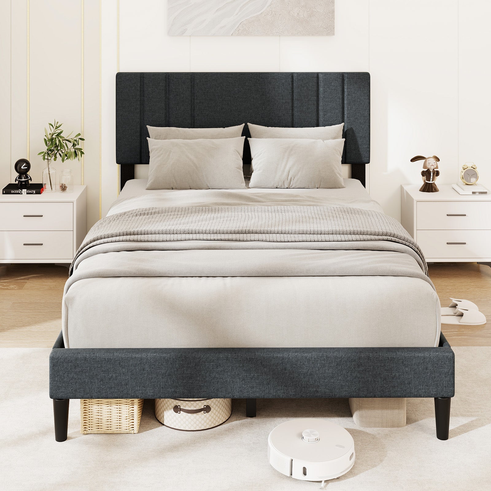 Full/Queen/Twin Size Bed Frame with Tufted Headboard and Wooden Slats-Full Size