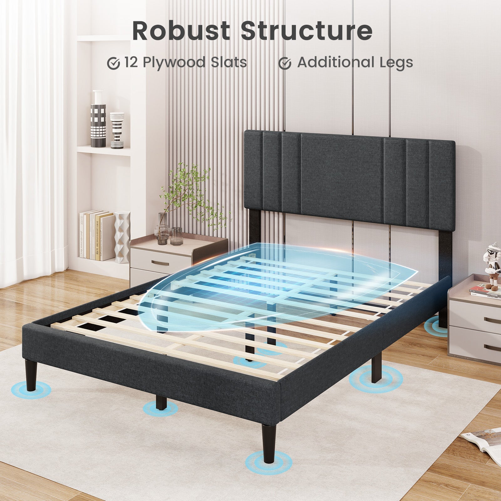 Full/Queen/Twin Size Bed Frame with Tufted Headboard and Wooden Slats-Full Size