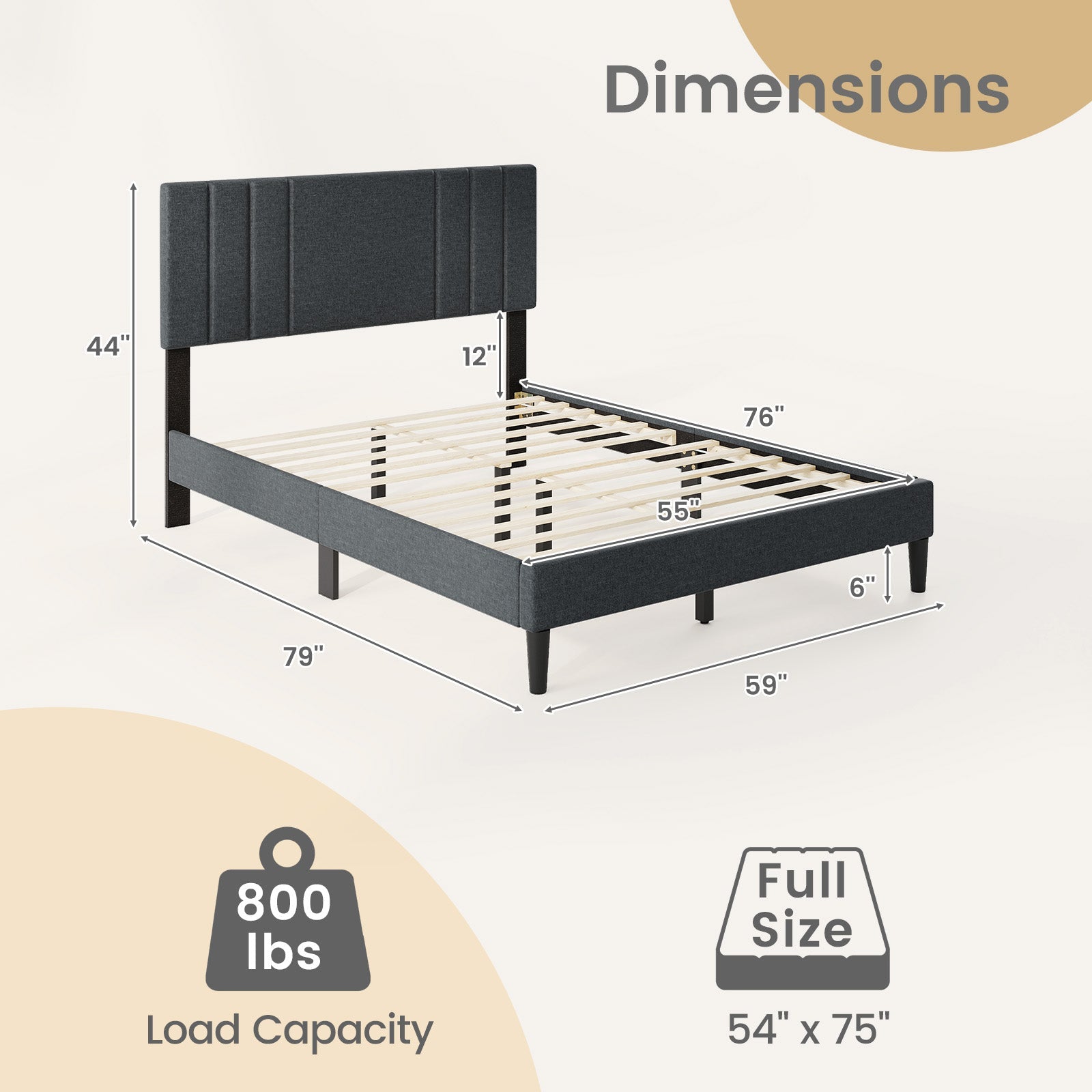 Full/Queen/Twin Size Bed Frame with Tufted Headboard and Wooden Slats-Full Size