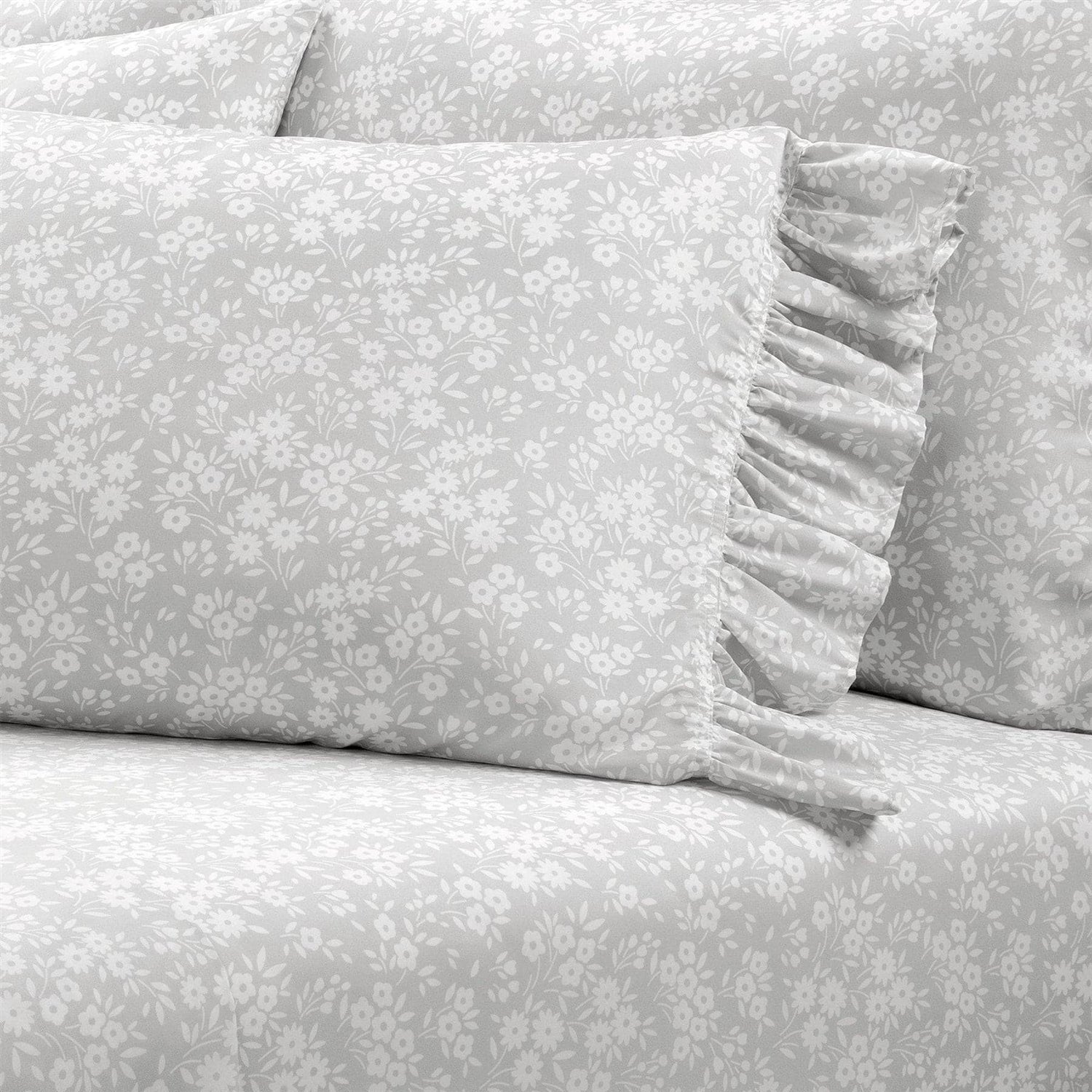 Queen Size, Grey Ruffle Floral Polyester 6 Piece Sheet Set