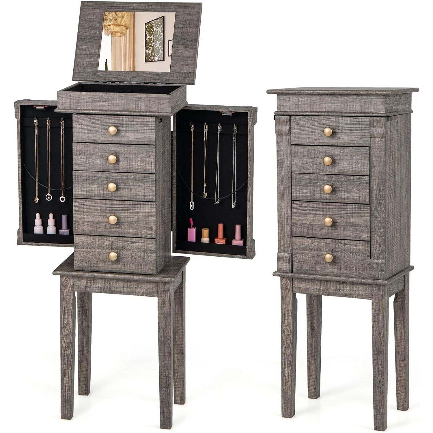 5-Drawer Jewelry Armoire Cabinet in Grey Wood Finish