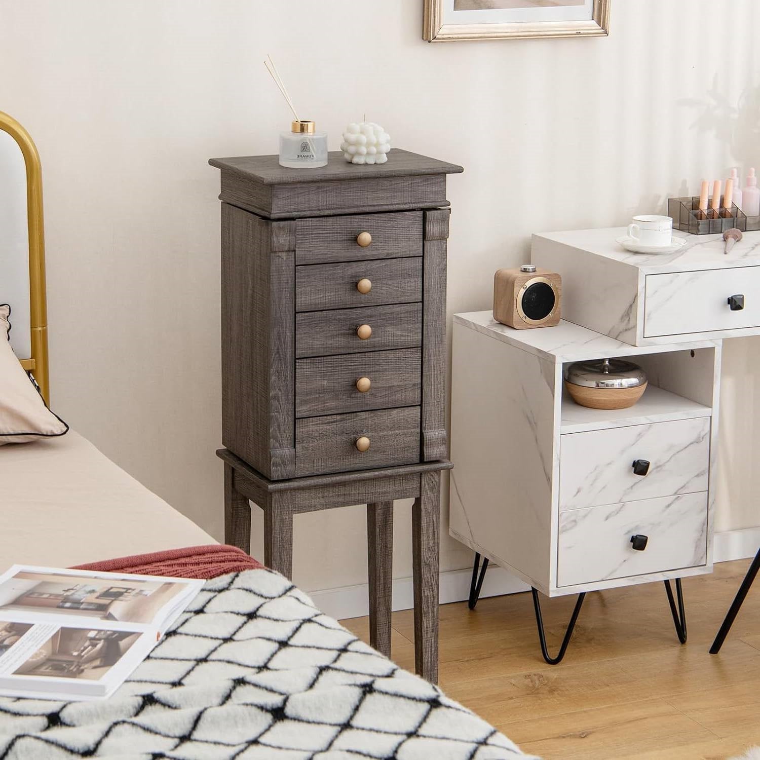 5-Drawer Jewelry Armoire Cabinet in Grey Wood Finish