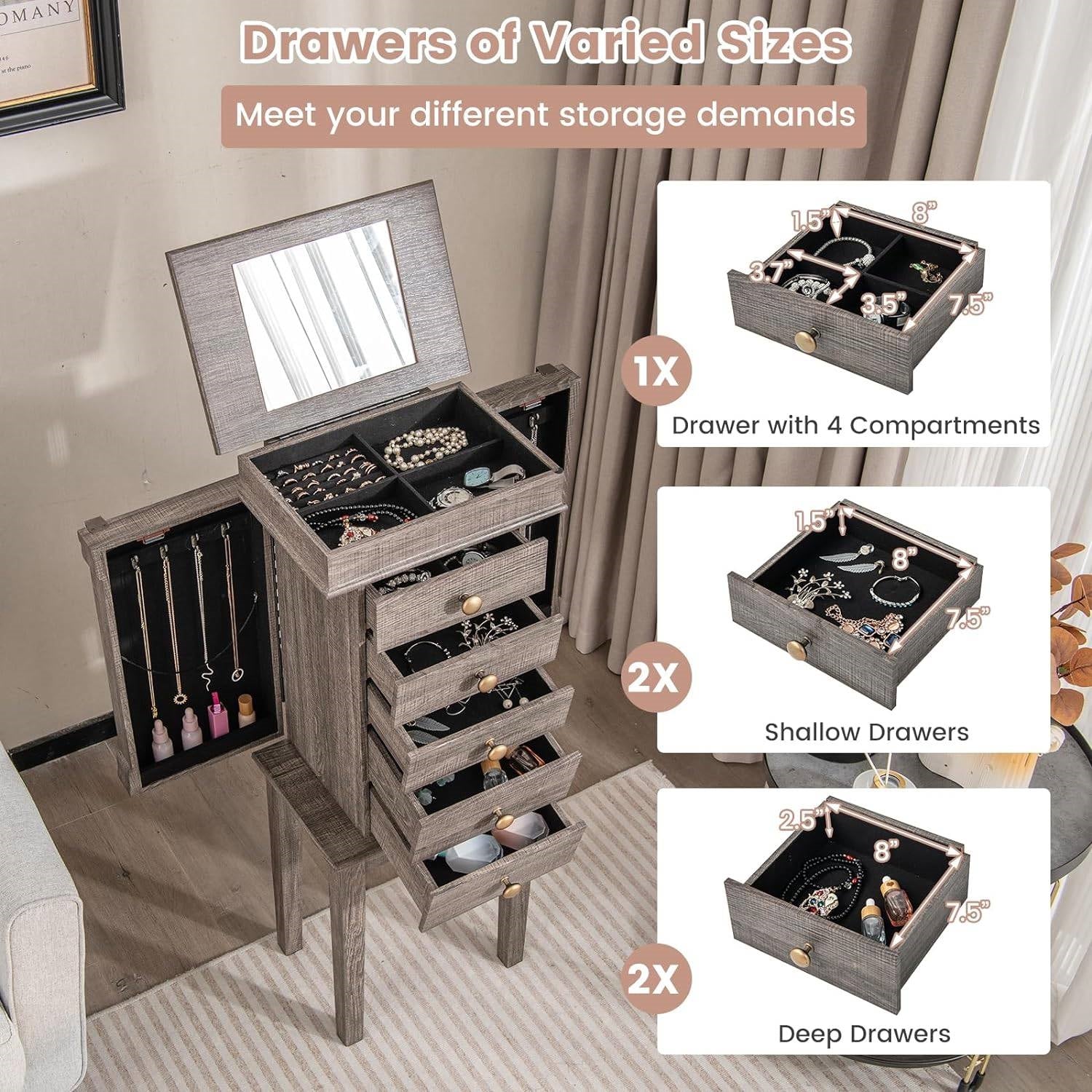 5-Drawer Jewelry Armoire Cabinet in Grey Wood Finish