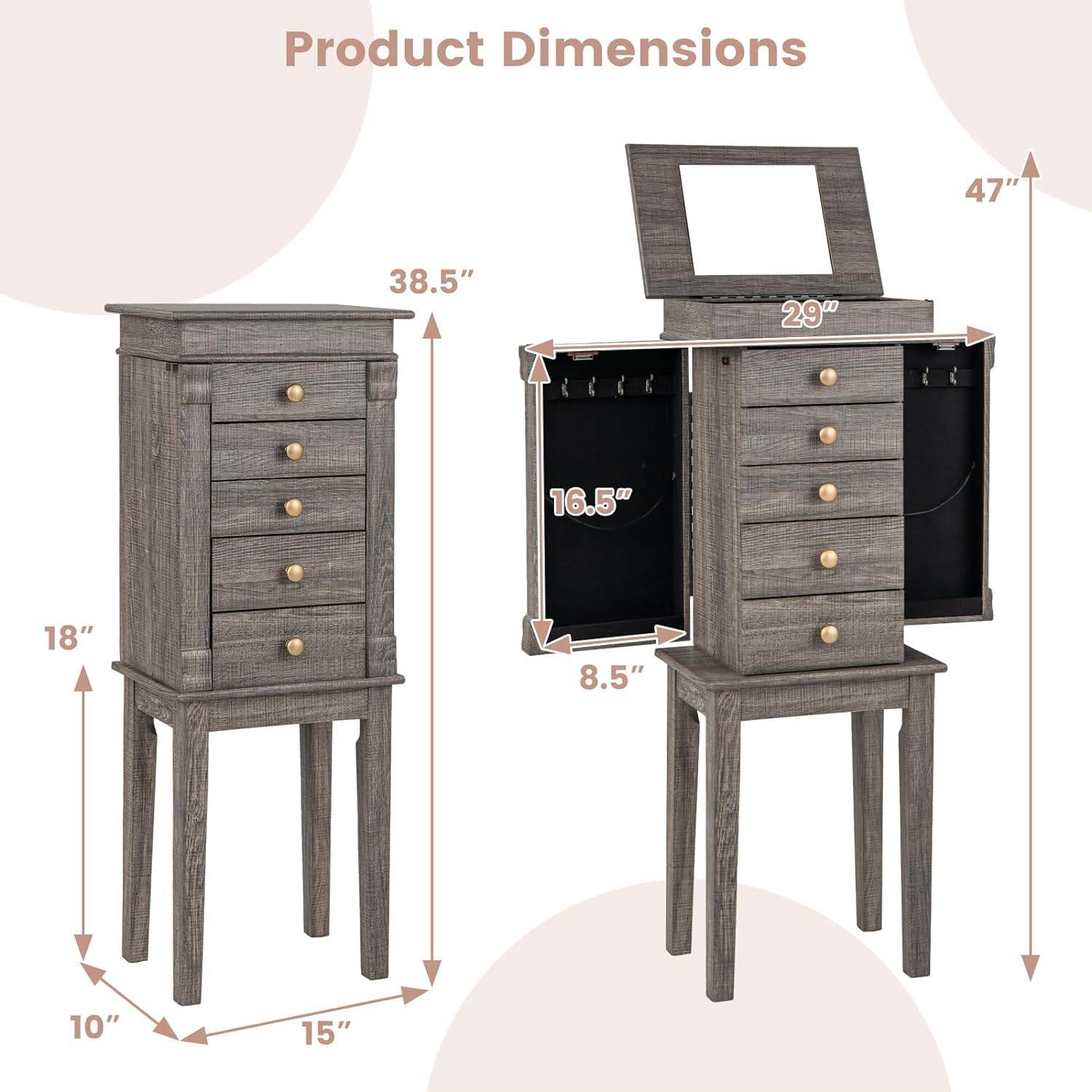 5-Drawer Jewelry Armoire Cabinet in Grey Wood Finish