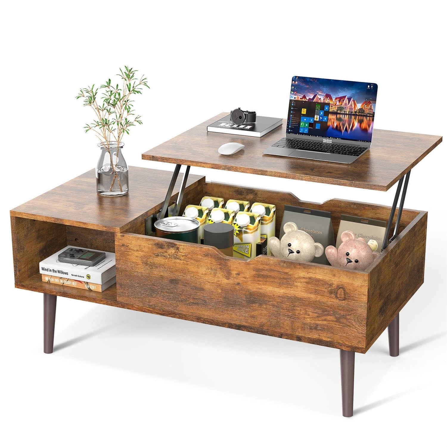 Mid-Century Modern Lift-Top Coffee Table, Brown Wood Finish